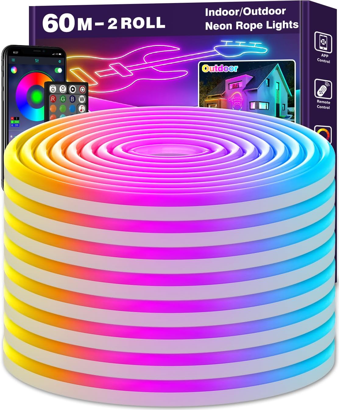 LETIANPAI 60m Neon Rope Lights, Flexible LED Cord Lights Controlled with App/Remote, Multiple Modes, IP65 Outdoor RGB Light Waterproof, Music Sync Led Neon