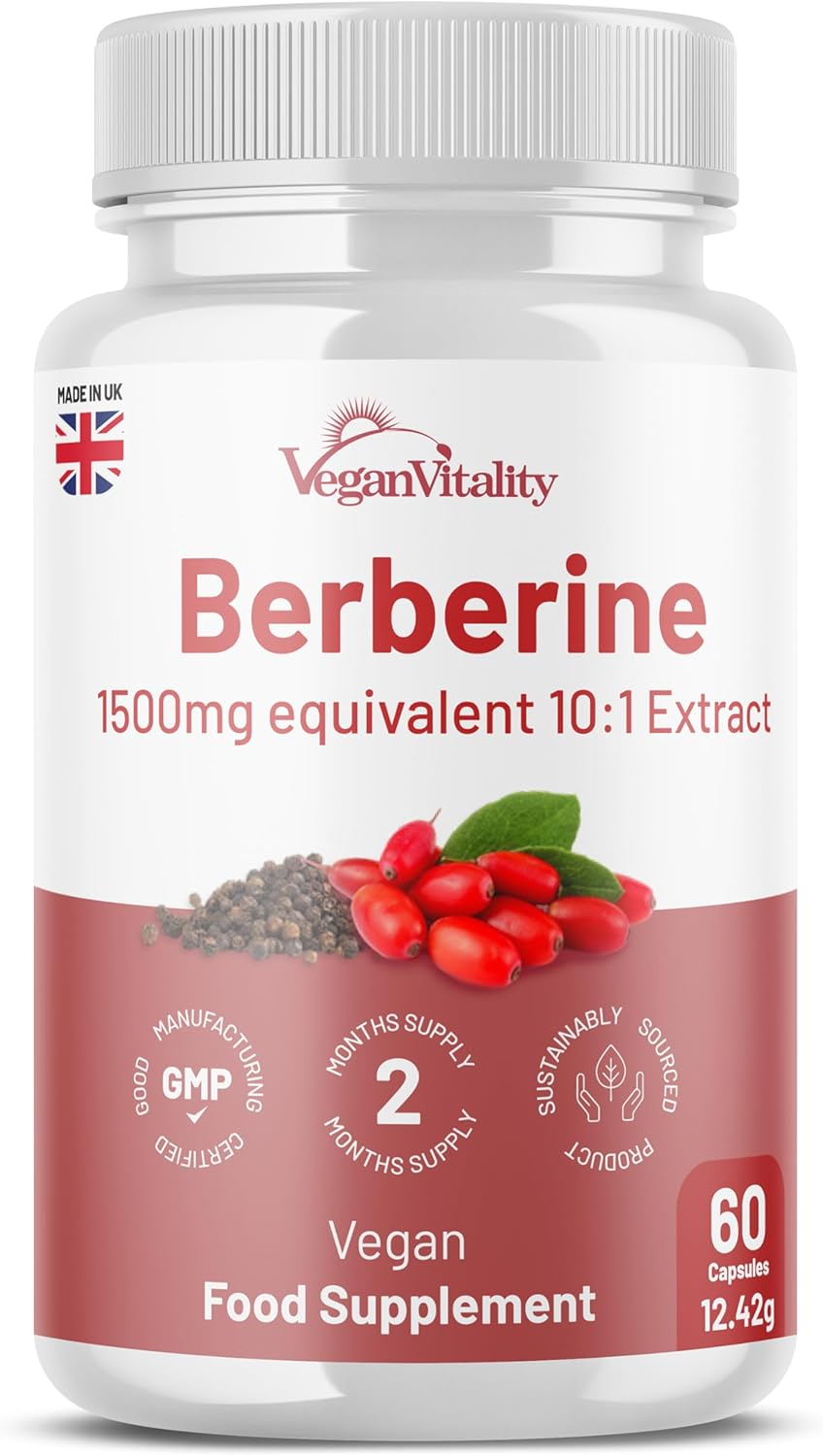 Berberine High Strength 1500mg - Berberine Supplement with Black Pepper, 60 Capsules 2 Months Supply - Weight Management, Heart Health and Blood Sugar Control - by Vegan Vitaliy, Made in The UK