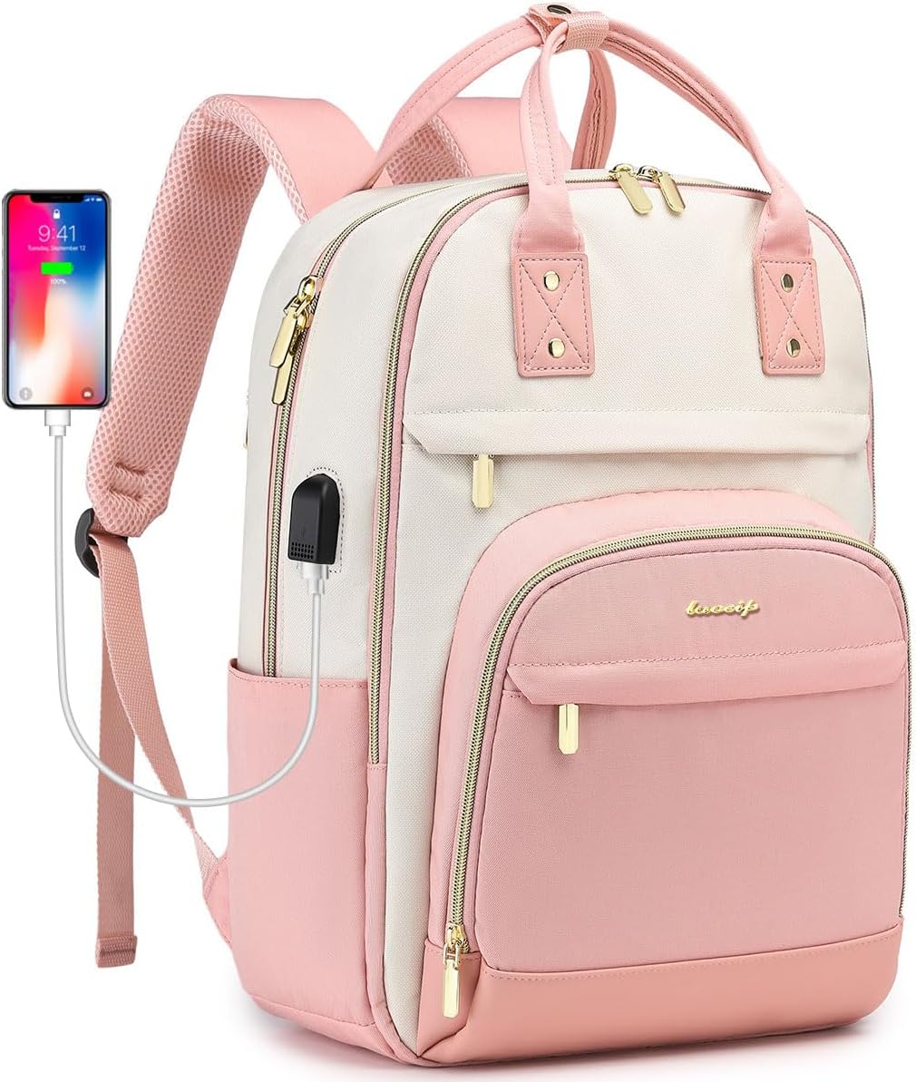 Pink Backpack for Women Laptop Bookbag - 15.6 Inch Cute College Backpacks with USB Charger Womens Teacher Fashion Work Business Bookbags Waterproof Travel Back Pack Anti-Theft Commuter Bag Pink-Beige