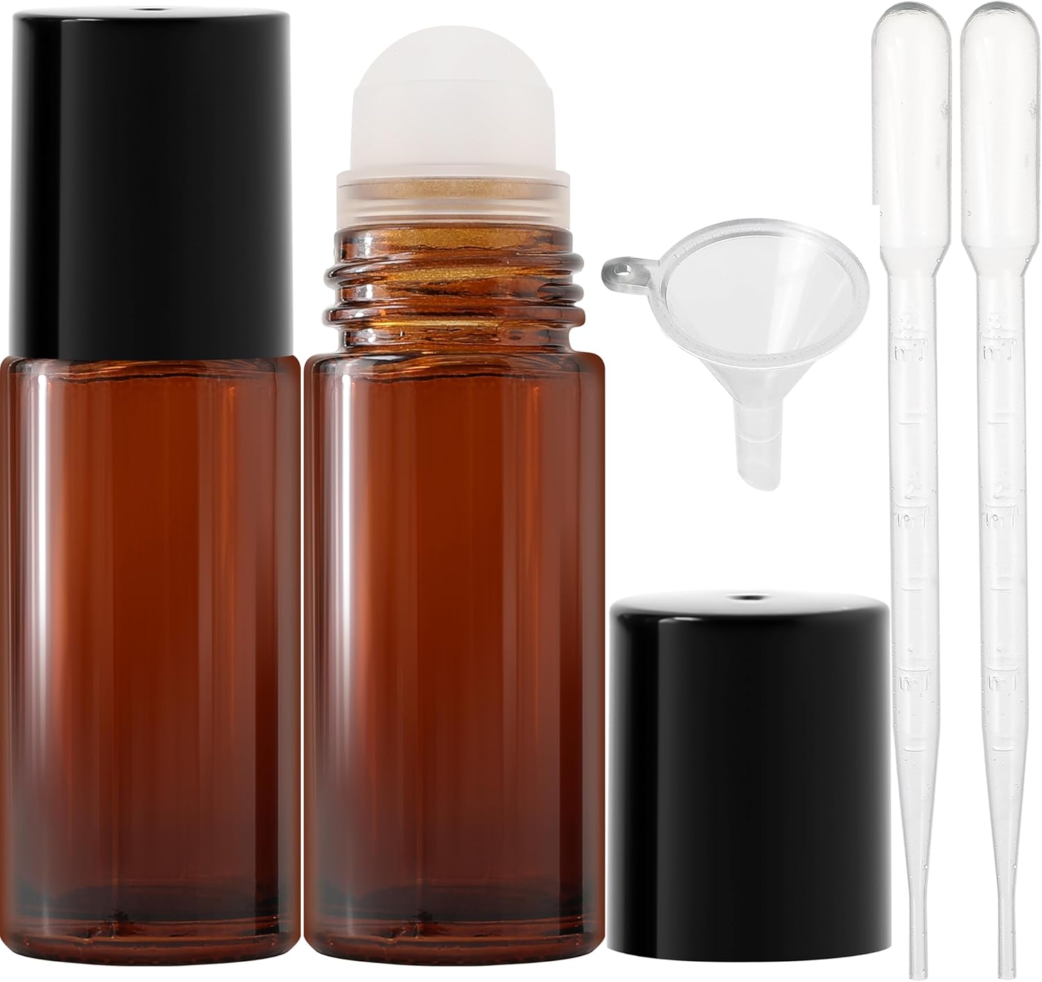 Essential Oil Roller Bottles, 2PCS (50ml/30ml) Thick Glass Perfume Roller Bottles with Funnel and Dropper Glass Empty Bottles Beauty and Personal Care Tools for Fragrance (Amber, 50ML)