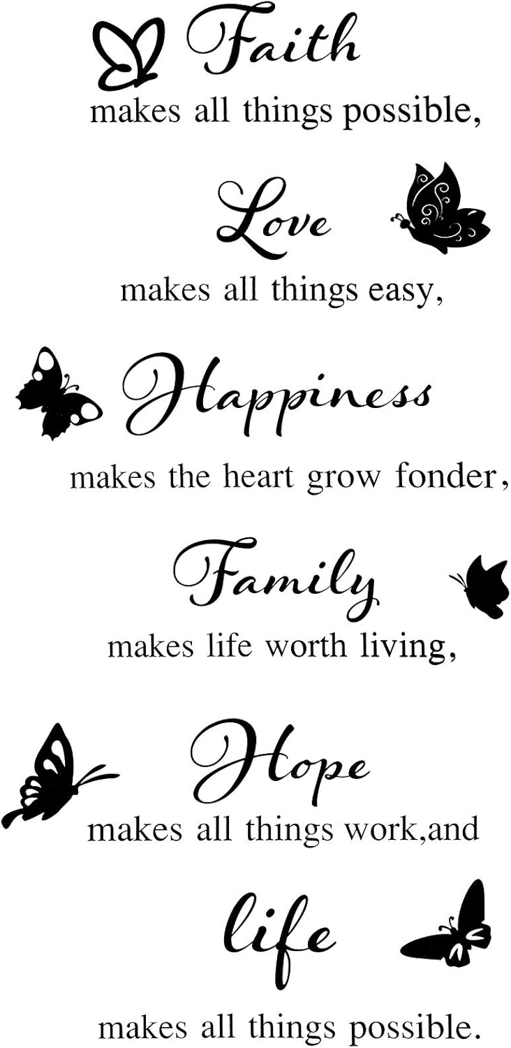 Outus 6 Pieces Vinyl Wall Decals, Faith Makes All Things Possible, Family Wall Quotes Inspirational Decals Stickers, Motivational Quote Sayings Butterfly Stickers Home Decors