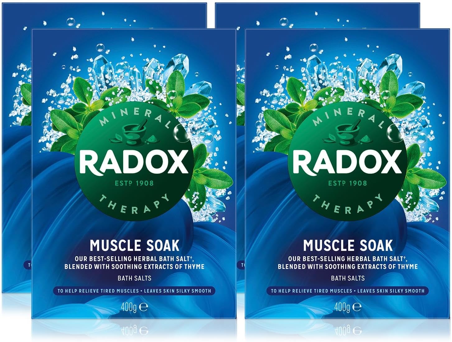 Radox Muscle Soak Bath Therapy Thyme Scented Herbal Bath Salt with expertly Blended Herbs and Minerals to Soothe and soak Your Tired and Aching Muscles, 400g Multi Buy 4 Pack
