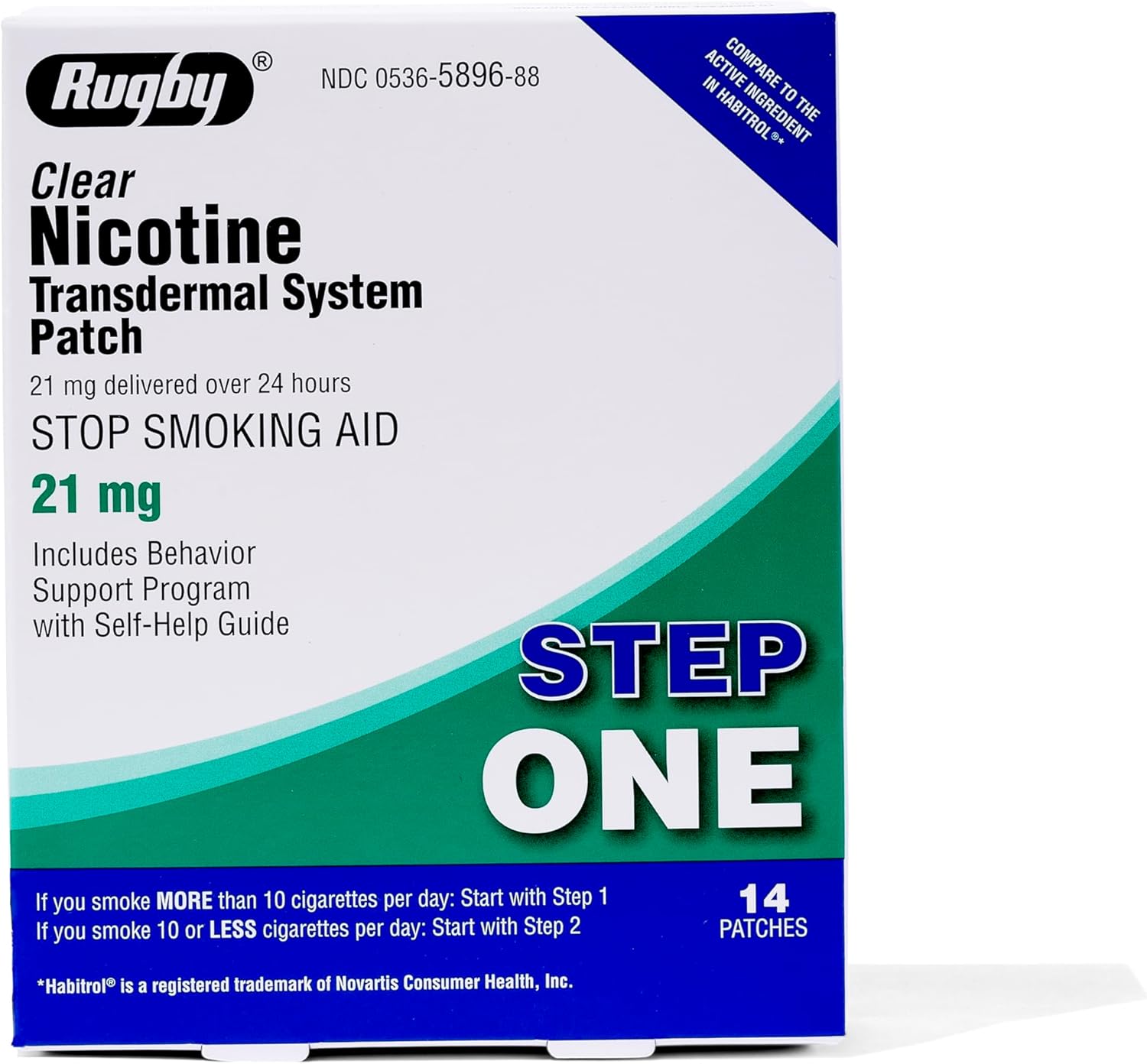 Rugby Clear Nicotine Patches - Transdermal System Patch - Smoking or Vaping Quitting Aid - Step 1-21mg - 14 Count (1 Pack)