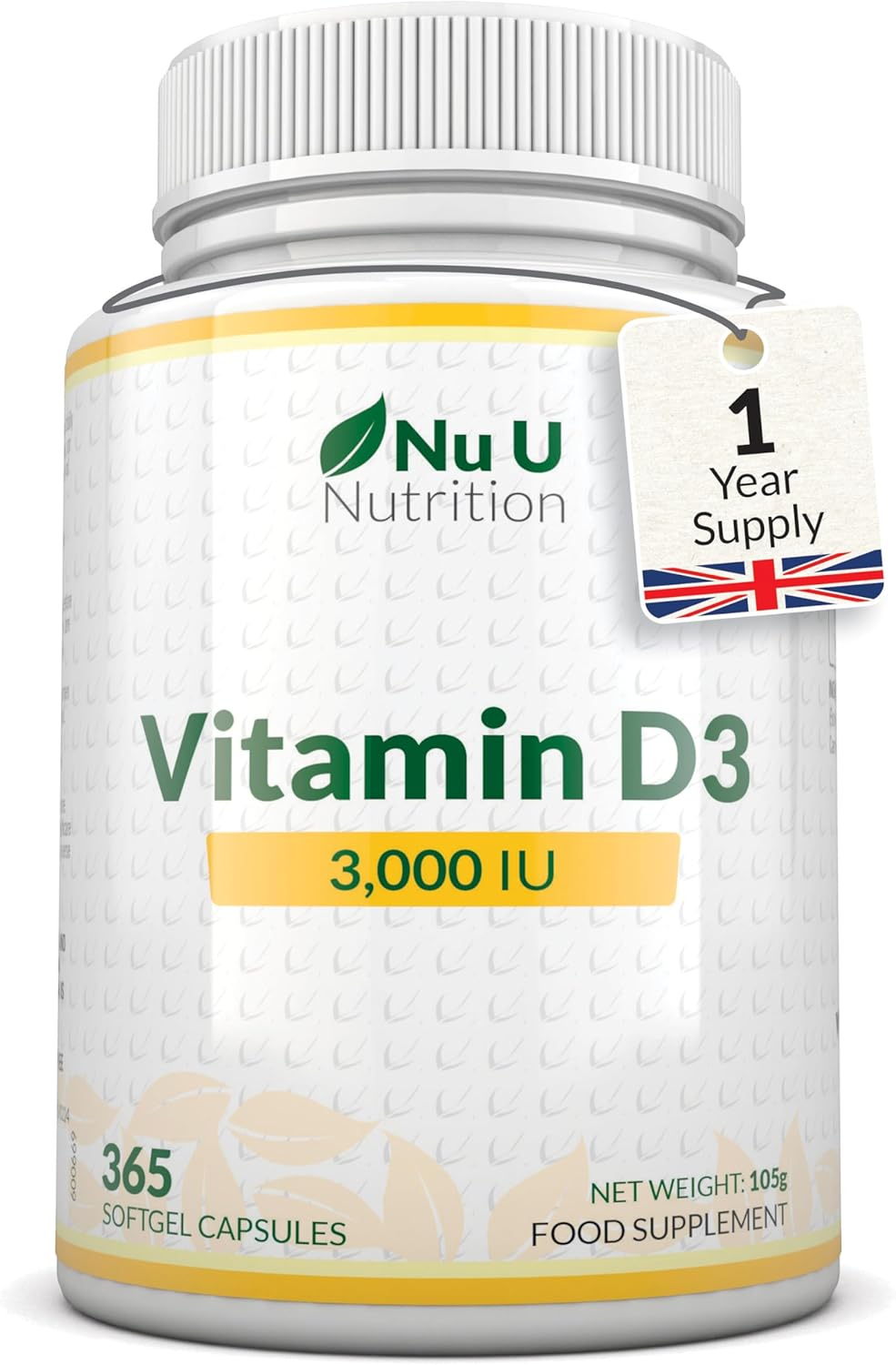 Vitamin D 3000IU - 365 Softgel Capsules - 1 Year Supply - Triple Strength Vitamin D3 Supplement - High Absorption Cholecalciferol - Gluten & Dairy Free by Nu U Nutrition