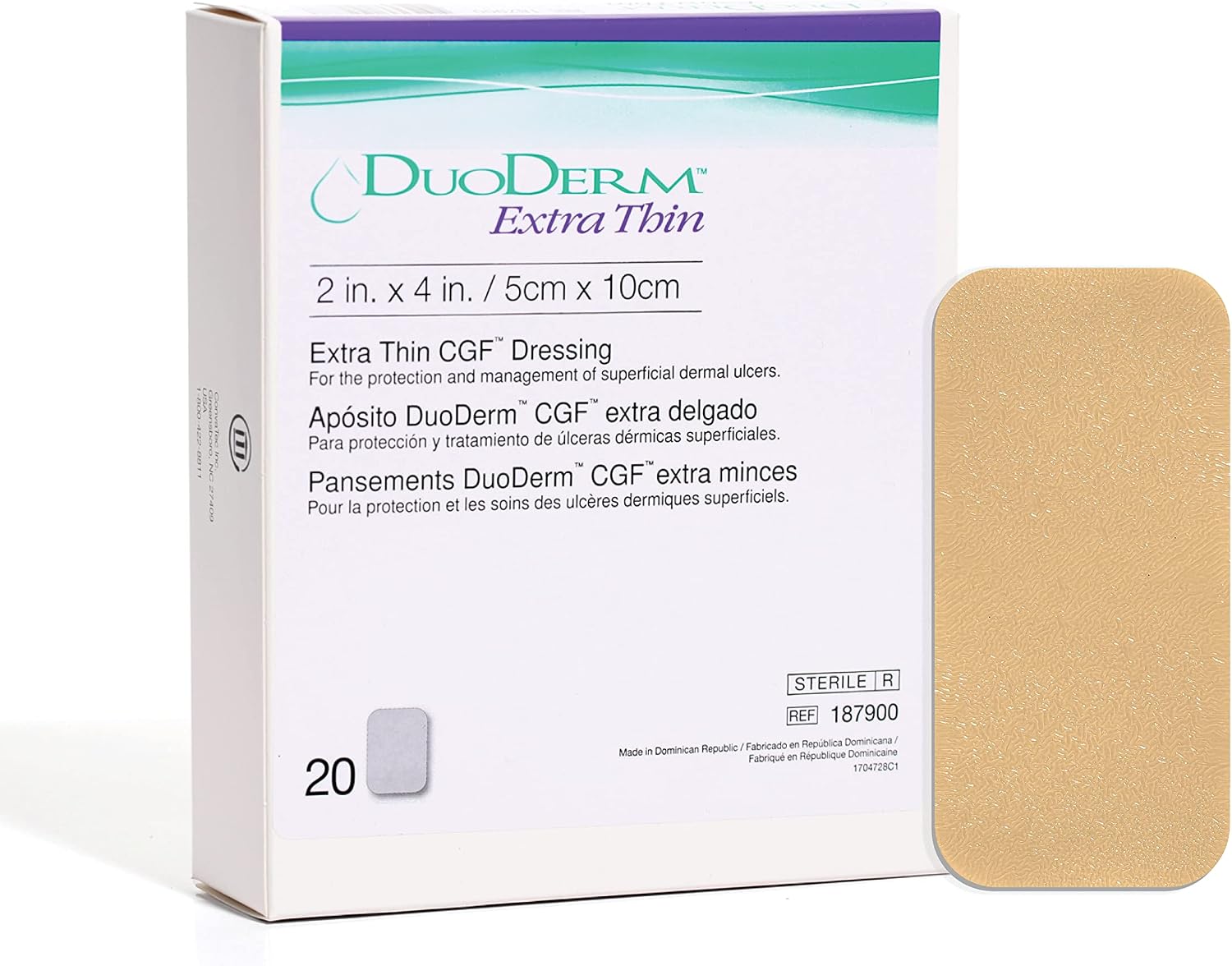 ConvaTec DuoDERM Extra Thin Control Gel Formula 2"x4" Hydrocolloid Sterile Adhesive Dressing for Superficial Wounds, Low Friction, Flexibile, Latex-Free, Waterproof, Rectangle, Beige, 20ct Box