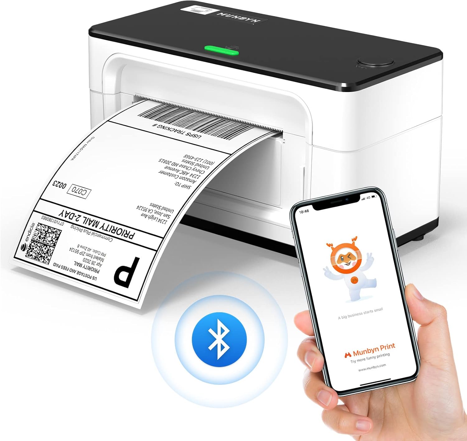 MUNBYN Bluetooth Label Printer, Desktop Thermal Label Printer 4x6 for Shipping Postage Home Small Business, Compatible with Etsy, Shopify, Ebay, Amazon, Royal Mail, FedEx, UPS, 941B, White