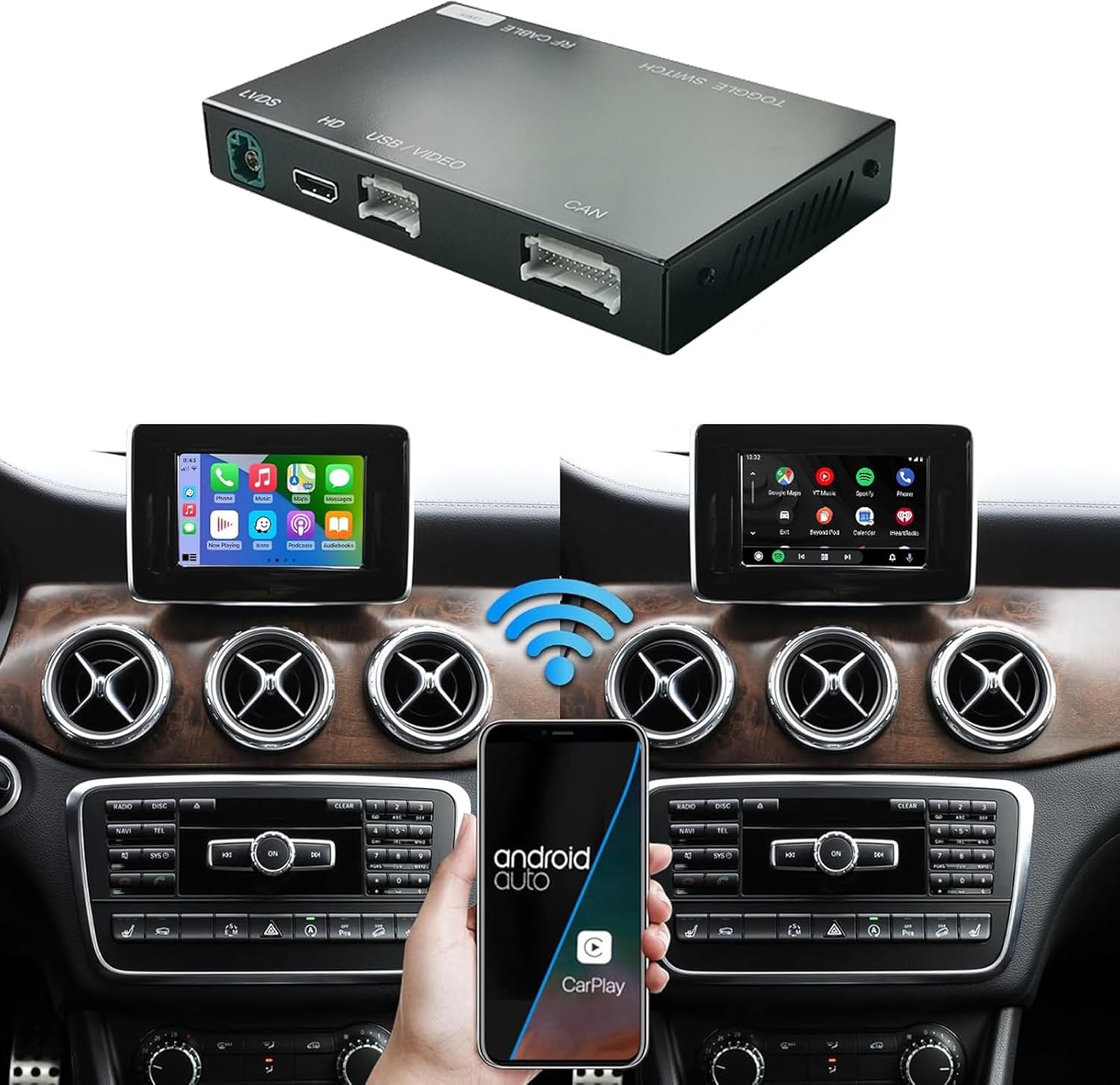 Road Top Wireless Carplay Retrofit Kit Decoder for Mercedes Benz C/E/CLA/GLA/GLK/CLS/ML/GL/GLK/SLK Class 2012-2015 Year with ntg4.5 ntg4.7 System, Support Wireless Android Auto, Mirrorlink, Navigation