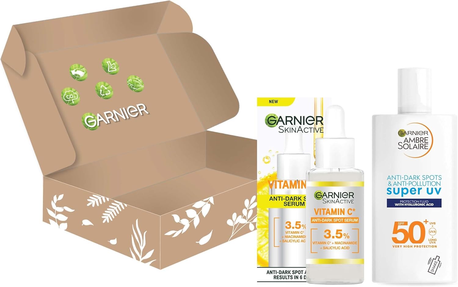Garnier Brightening and Anti Dark Spot Power Duo,Serum and Moisturiser,Brightening Serum With 3.5 Percent Vitamin C,Niacinamide,Salicylic Acid and Lemon Extract and SPF 50 Face Moisturiser,2 Pieces