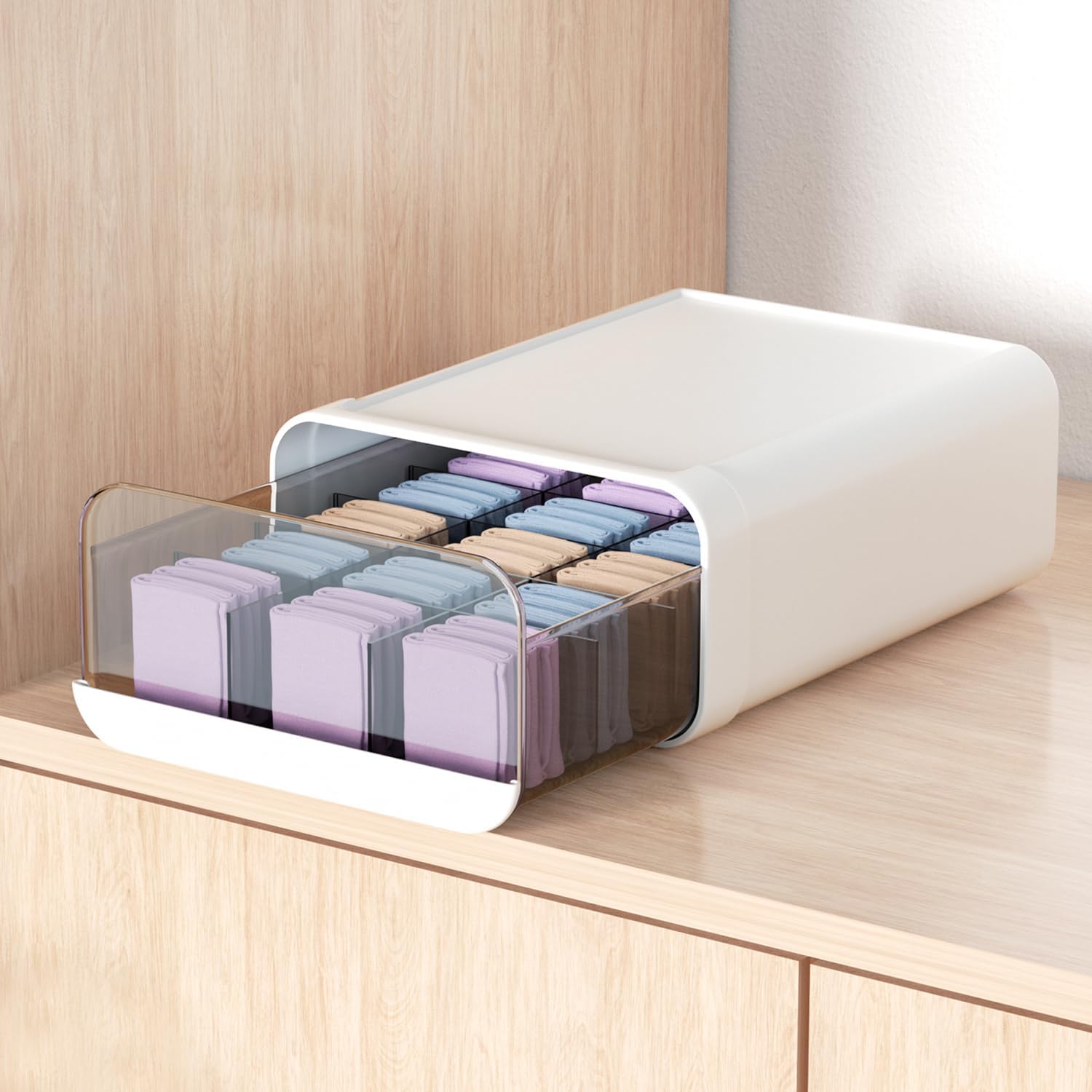 Underwear Organizer Drawer, 15 Cells Plastic Sock Underwear Storage Drawer, Stackable Closet Organizers and Storage Box for Bras, Socks, Scarves, Ties, Belt (Queen Size-White, 1 Pcs)