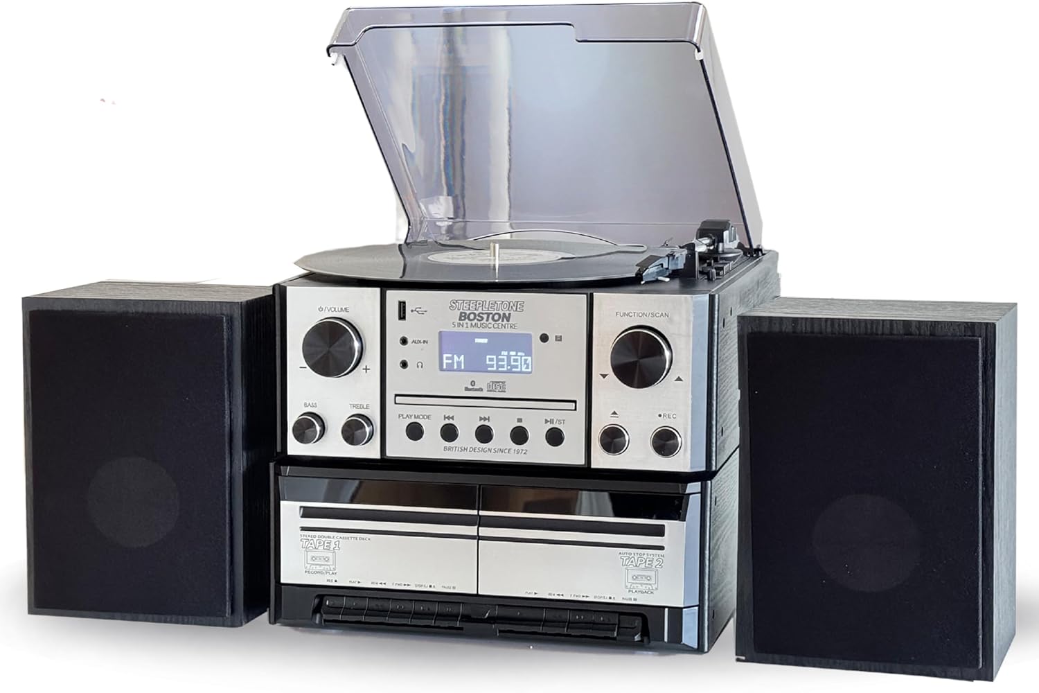 Steepletone BOSTON 5 in 1 Music Centre, Bluetooth Vinyl Record Player, Turntable with CD, Cassette, FM Radio and Aux in, USB MP3 playback & Encoding, Remote Control, with Standalone Stereo Speakers