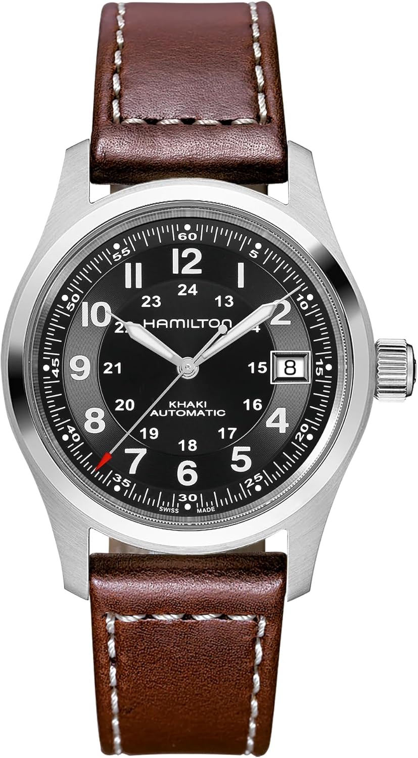 Hamilton Watch Khaki Field Auto | Swiss Made | 38mm Stainless Steel Case | Black Dial Analog Watch | Brown Leather Strap (Model: H70455533)