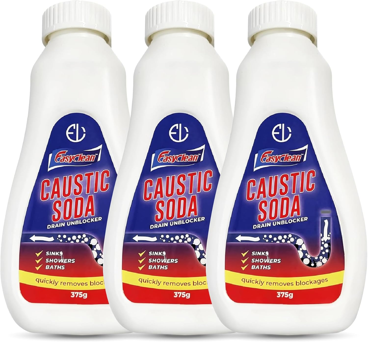 Powerful Caustic Soda Drain Cleaner | Effective Clog Remover, Industrial Strength Formula, Fast Action (3 X 375gm) (Packaging may vary)