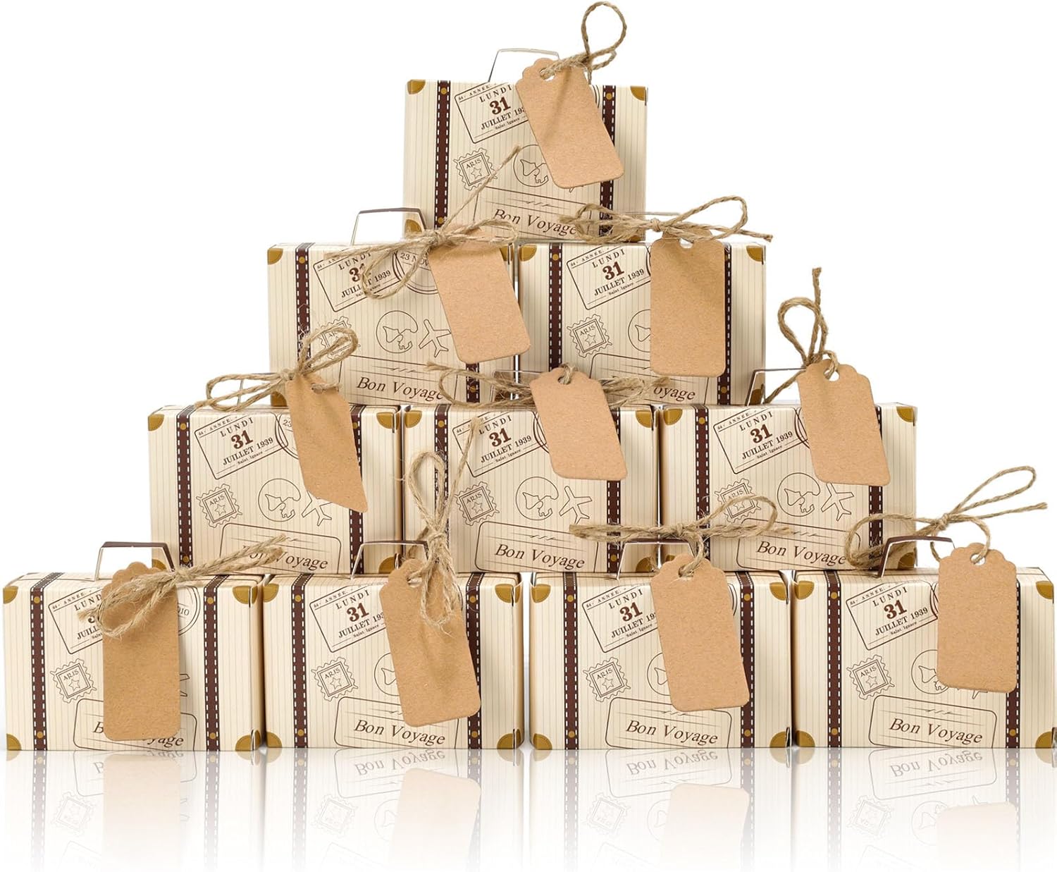 VGOODALL 50PCS Mini Suitcase Party Favor Box, 3"x2"x1.2" Little Luggage Candy Box with Tags for Travel Themed Party, Bridal Shower, Wedding Decorations