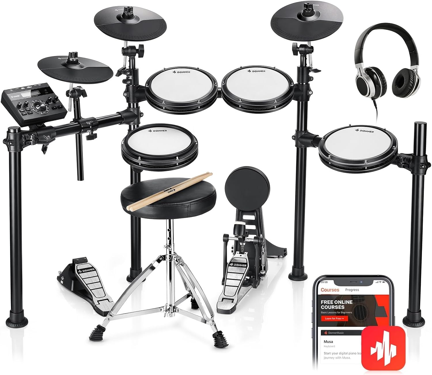 Donner DED-200 Electric Drum Sets with Quiet Mesh Drum Pads, 2 Cymbals w/Choke, 31 Kits and 450+ Sounds, Throne, Headphones, Sticks, USB MIDI, Melodics Lessons (5 Pads, 3 Cymbals)