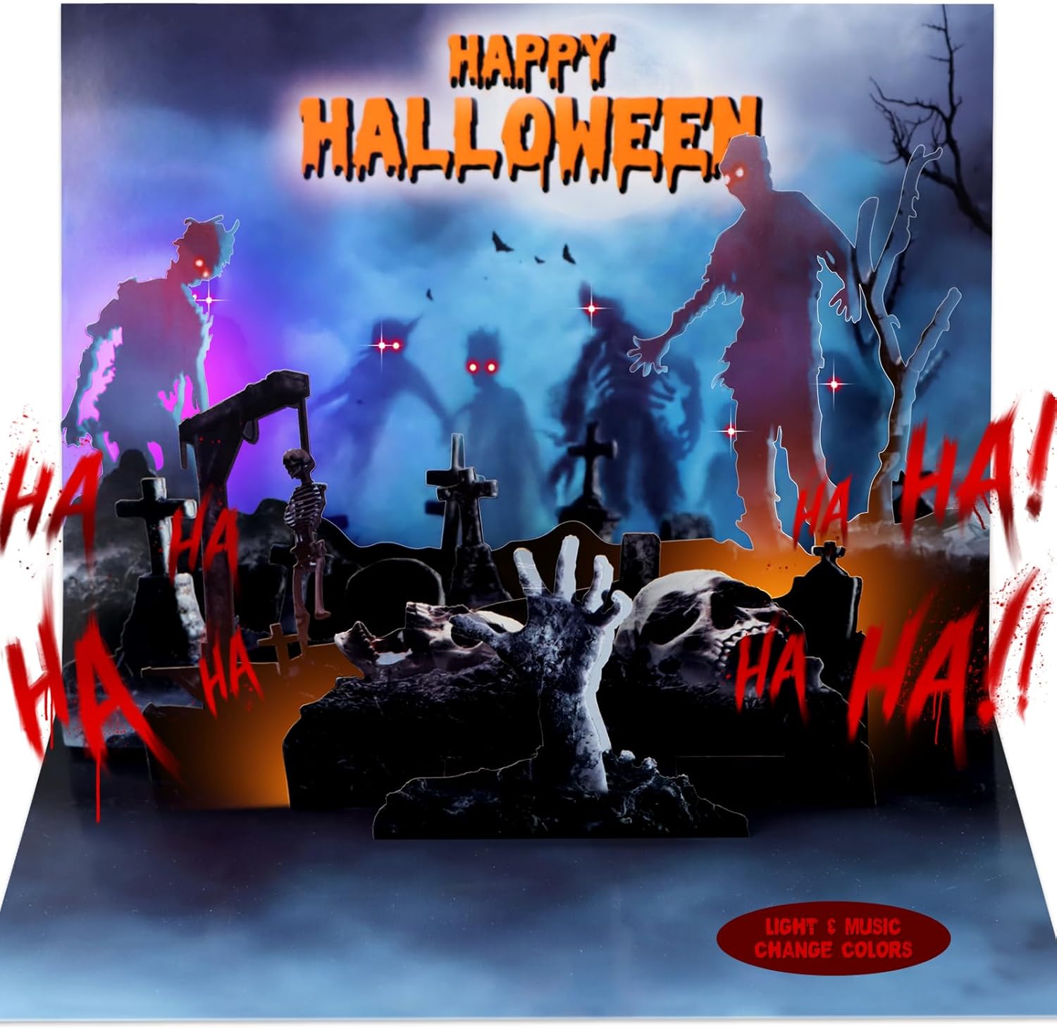 D24TIME Musical Halloween Card for Kids - Spooky Music & Lights 3D Zombie Graveyard Halloween Pop up Cards with Sound for Kids, Adults & Friends, Envelope Included