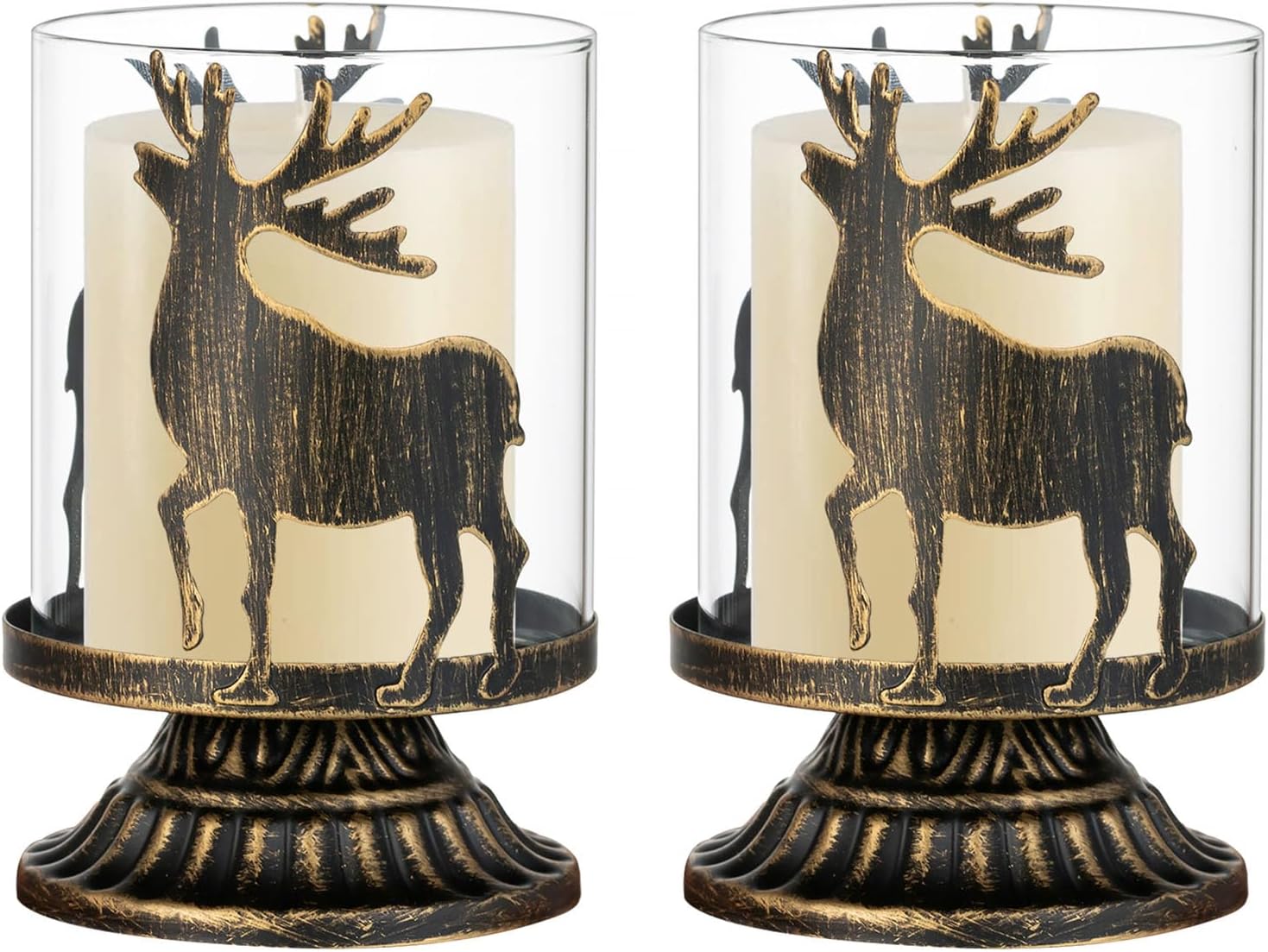 Sziqiqi Stag Pillar Candle Holders Shabby Chic, Vintage Hurricane Tea Light Holder Set of 2, Decorative Reindeer Candle Stands Centerpieces for Christmas Table Mantle Fireplace Decoration, Black