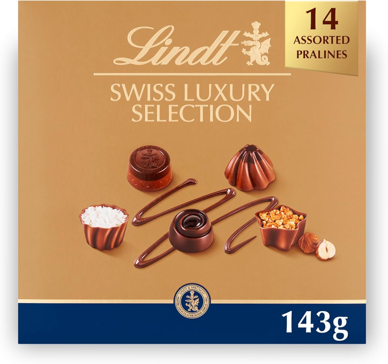 Lindt Swiss Luxury Selection - 14 Assorted Milk, White and Dark Chocolate Box Medium, 143g - Gift Present or Sharing Box - Easter, Birthday, Celebrations, Congratulations