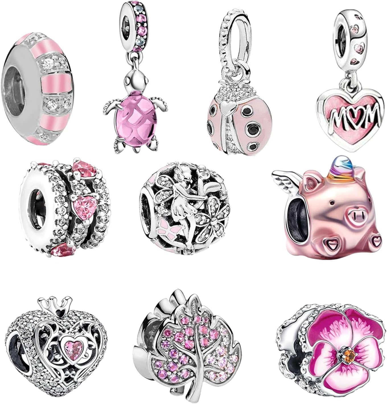 10 Pcs Spacer Beads Charms for Bracelet Making, Pink Pendants Beads for Jewelry Making, Polished Charms for Pandora Bracelet, Jewellery Gifts for Mom Girls Teen Family