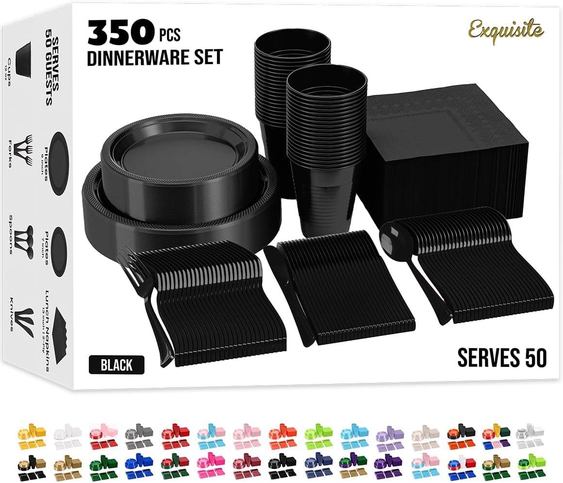 350 Pcs Black Plastic Plates For Party, Black Disposable Plates Set, 50 Of Each 9" Dinner Plate Set, 7" Dessert Plate, Cups, Napkins & Cutlery Plastic Dinnerware Party Solids
