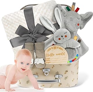 Baby Gift Basket, Newborn Baby Boy Gift Basket, Multiple Pieces Newborn Essentials for New Baby Gifts Basket Set with Baby Blanket, Baby Bunny Rattle, Keepsake Milestone, Elephant Toy, Baby Socks