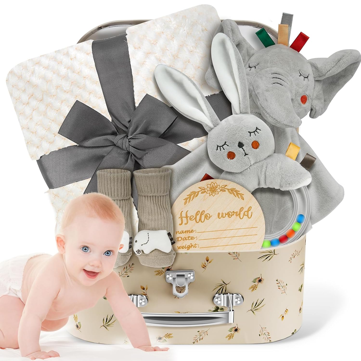 Baby Gift Basket, Newborn Baby Boy Gift Basket, Multiple Pieces Newborn Essentials for New Baby Gifts Basket Set with Baby Blanket, Baby Bunny Rattle, Keepsake Milestone, Elephant Toy, Baby Socks