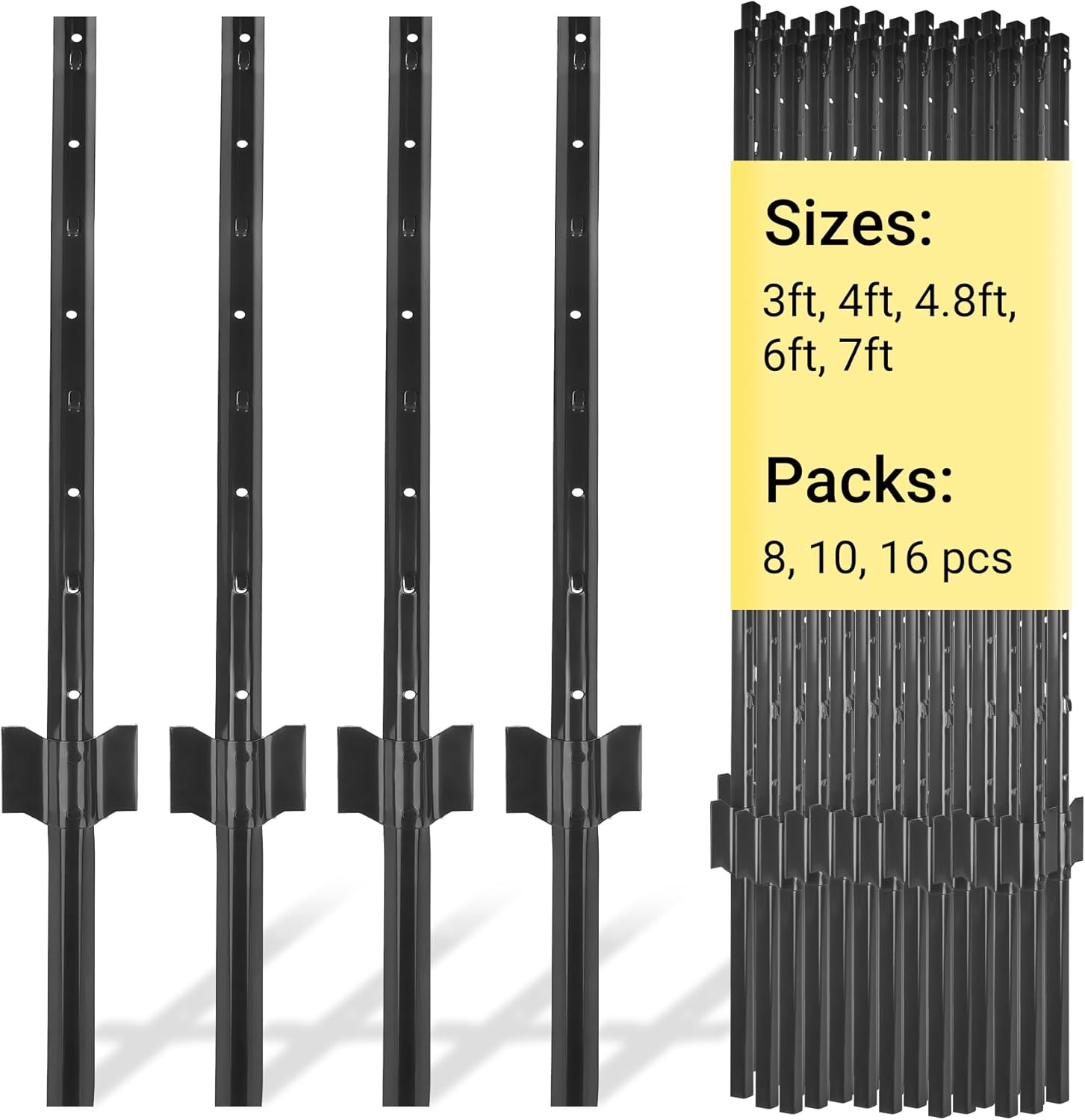 Fence Posts 4 Feet - 16 Pack, Heavy Duty Metal Fence Post, No Dig U Post for Farm, Garden, Orchard and Outdoor Wire Fencing (Black)