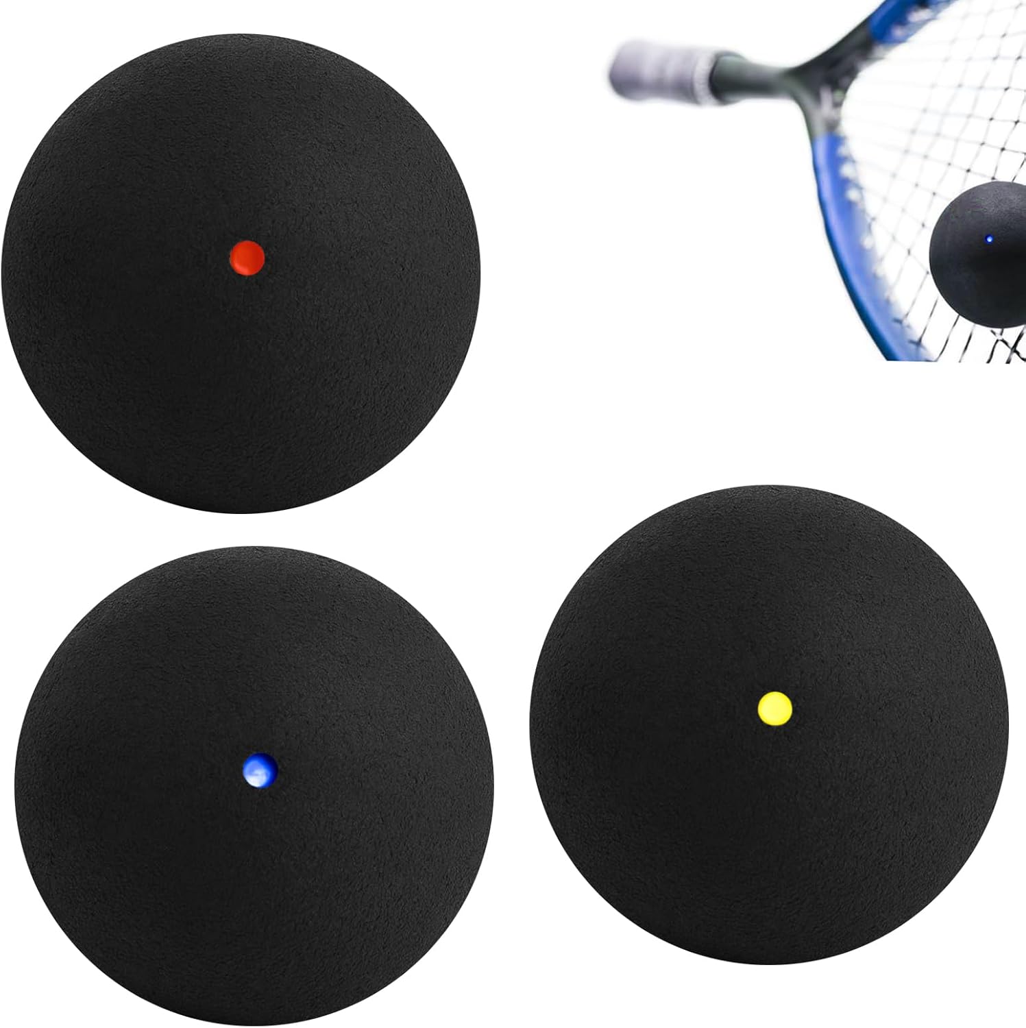 3 PCS Squash Balls - Yellow, Red, Blue Dot - Professional Grade Rubber Material for Elite to Beginner Competition and Training