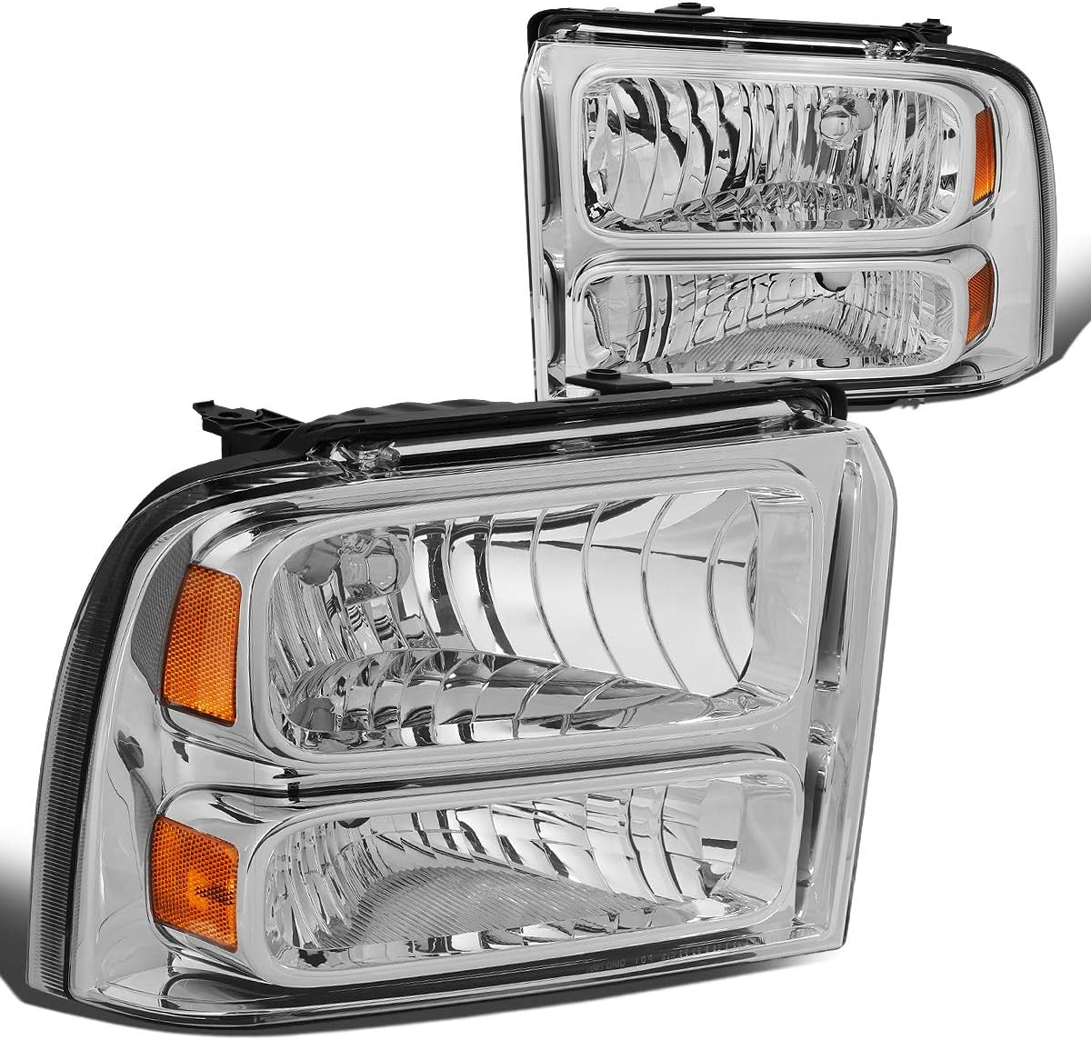DNA MOTORING Pair Headlight Assembly Compatible with 05-07 Ford F250 F350 F450 F550 SD, Driver and Passenger Side, Chrome Amber, HL-OH-FSUPER05-CH-AM