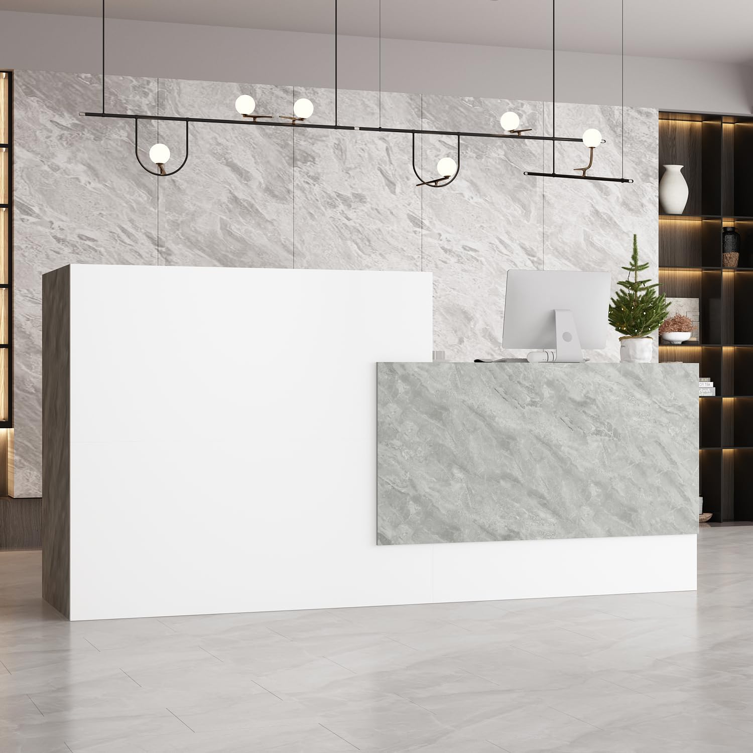 White Reception Desk with Counter, 86.6 inch Wide Front Desk Modern Reception Room Table, Checkout Counter Table, Salon Reception with Stone Pattern Decor