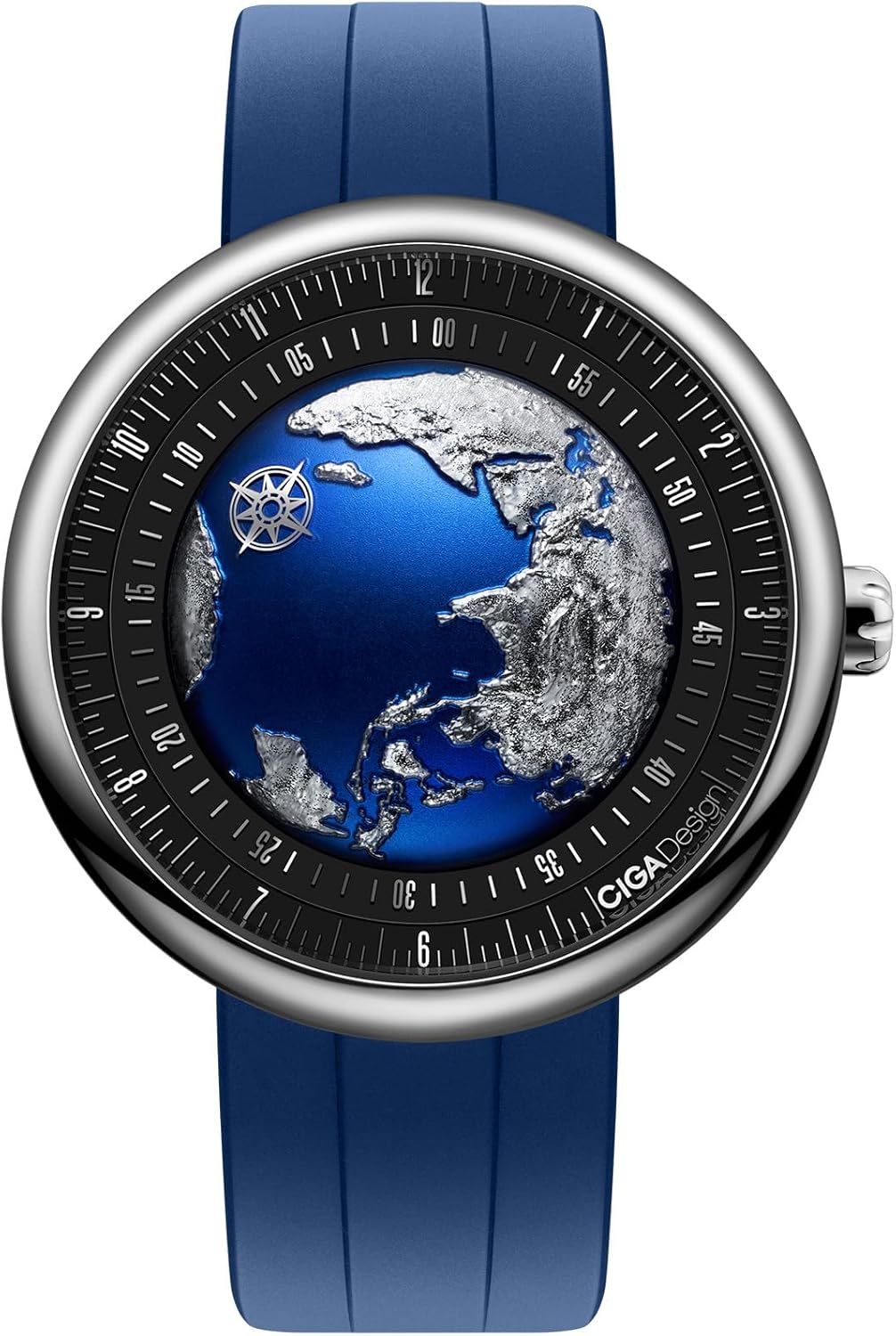 CIGA Design Mechanical Automatic Watch - Blue Planet U Series Wristwatch Round Stainless Steel/Titanium Sapphire Crystal for Men and Women with Fluororubber Strap