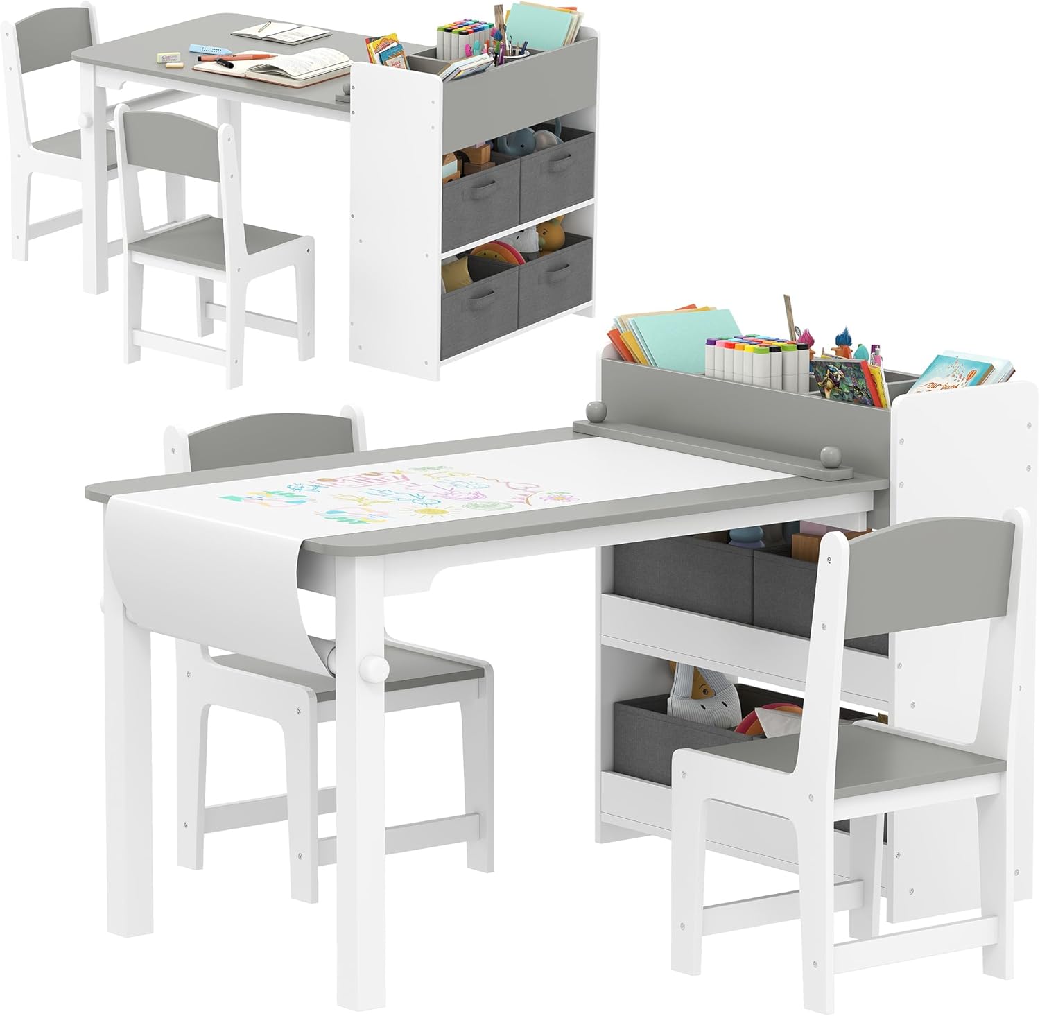 Qaba Kids Art Table & Easel Chair Set with Paper Roll, Toddler Desk and Chairs Set with Storage Shelves and Drawers, Activity Craft and Play Table for Writing Drawing Aged 3-8 Years Old, Gray