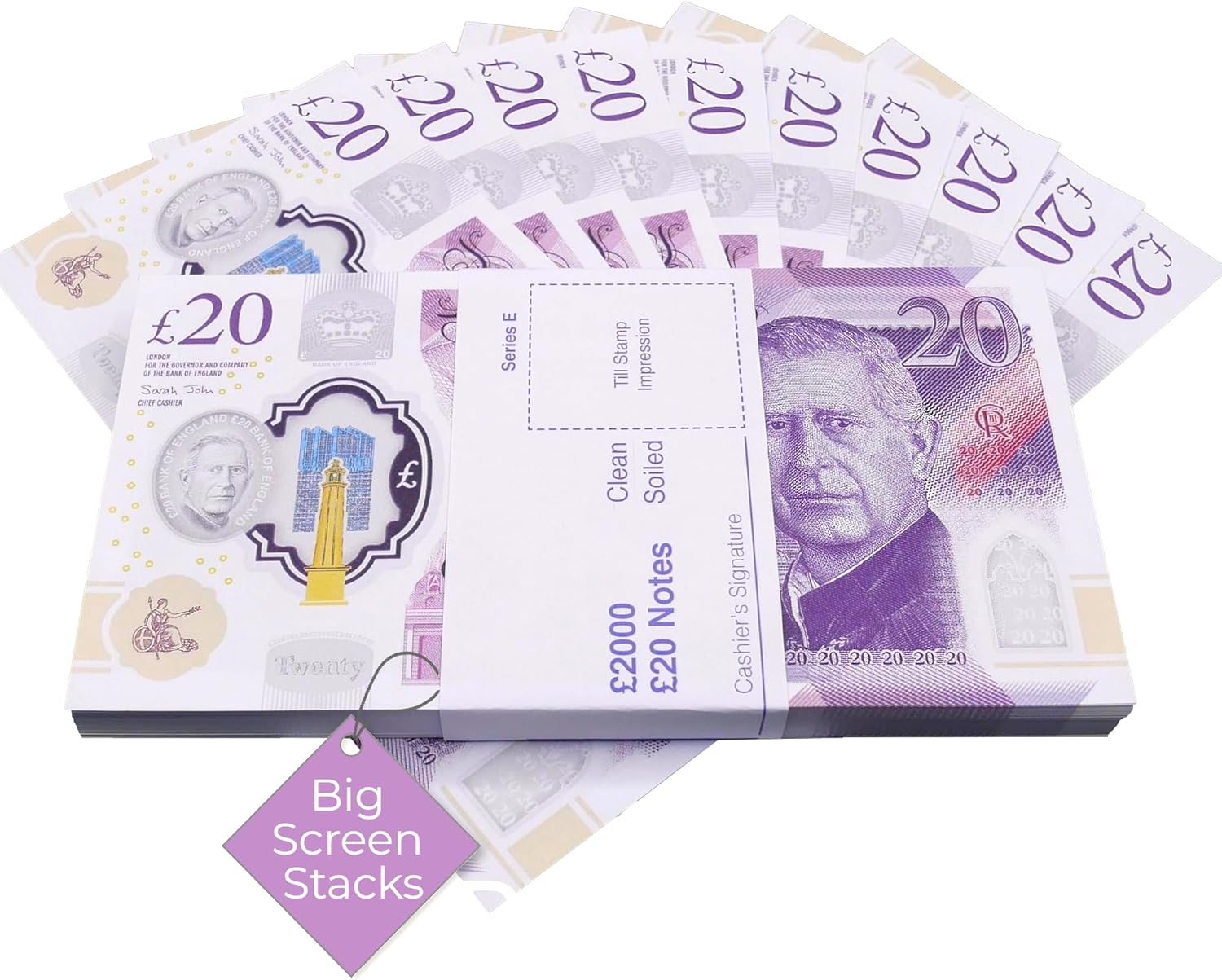 BIG SCREEN STACKS | Prop Money for Films and TV - 100 Notes of New King Charles £20 | Fake Money for Content Creation | Realistic UK Money £2000 | Fake Pounds for Movies and content creation