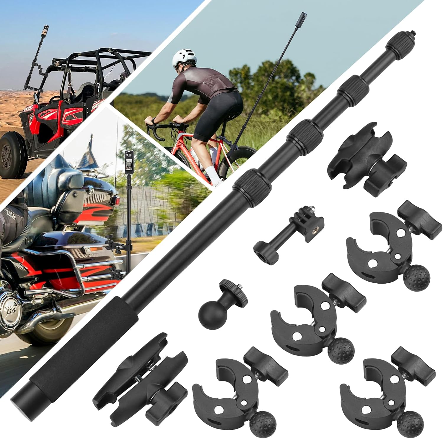 Motorcycle Mount for Insta 360 X4 X5, Bike Handlebar Clamp Mounts 59" Invisible Selfie Stick Bundle Kit for Insta360 X5 X4 X3 X2 X ONE RS R Go 3S Ace Pro, for GoPro Camera Accessories