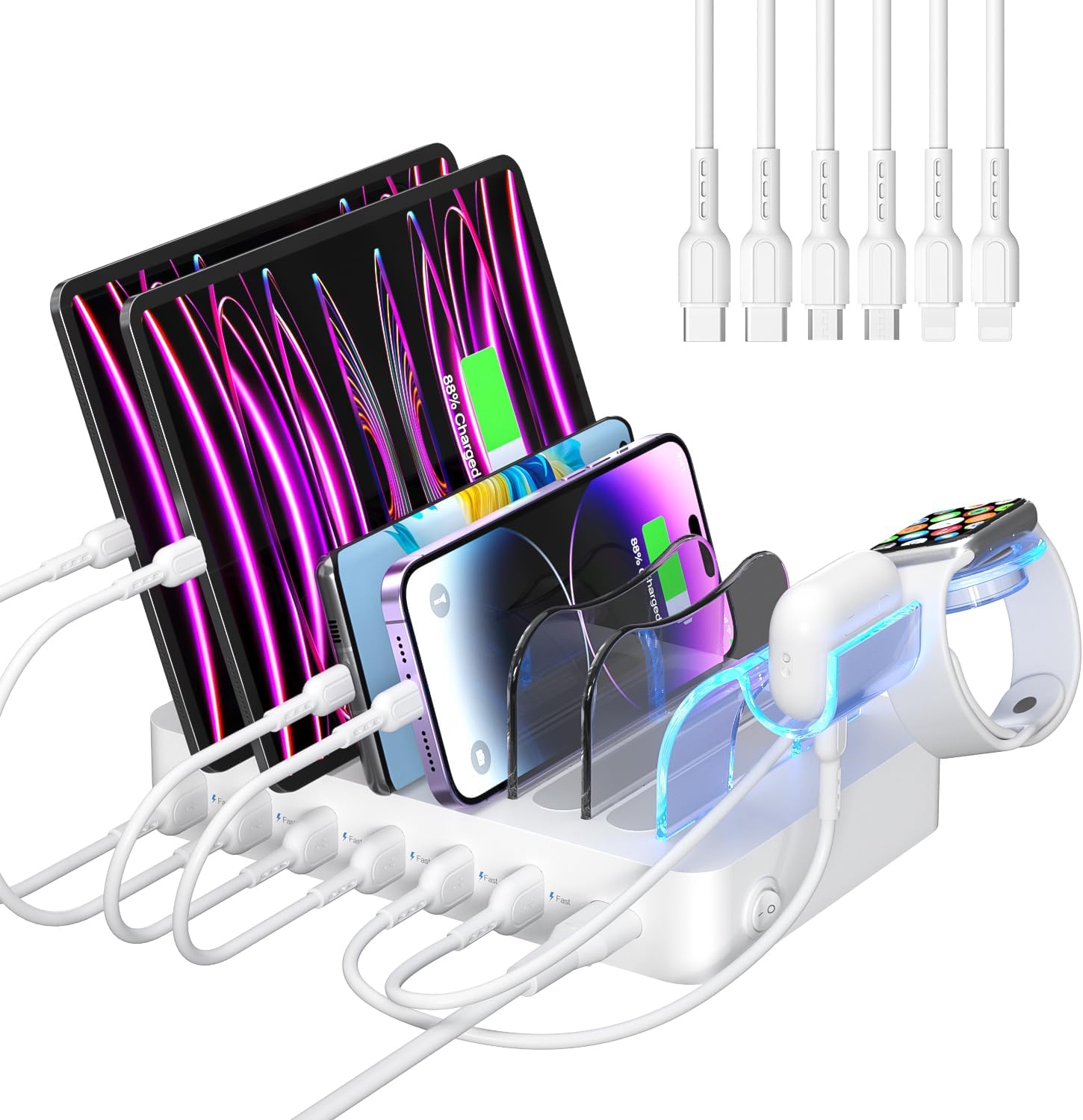 SooPii USB Charging Station Organizer for Multiple Devices, 6 Ports 50W Charging Dock With 6 Cables and Upgraded i-Watch Charger Holder Included, for Phones,Tablets and Other Electronics,White
