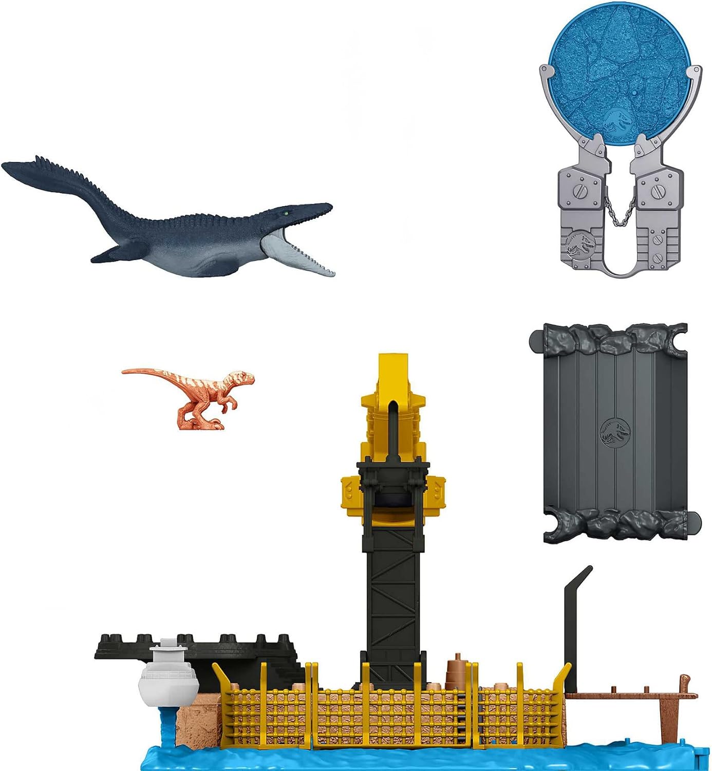 Jurassic World Dominion Minis Mosasaurus Mayhem Playset with 2 Mini Dinosaur Figures, Launchers and Break Apart Feature, Toy Gift Set and Collectible​
