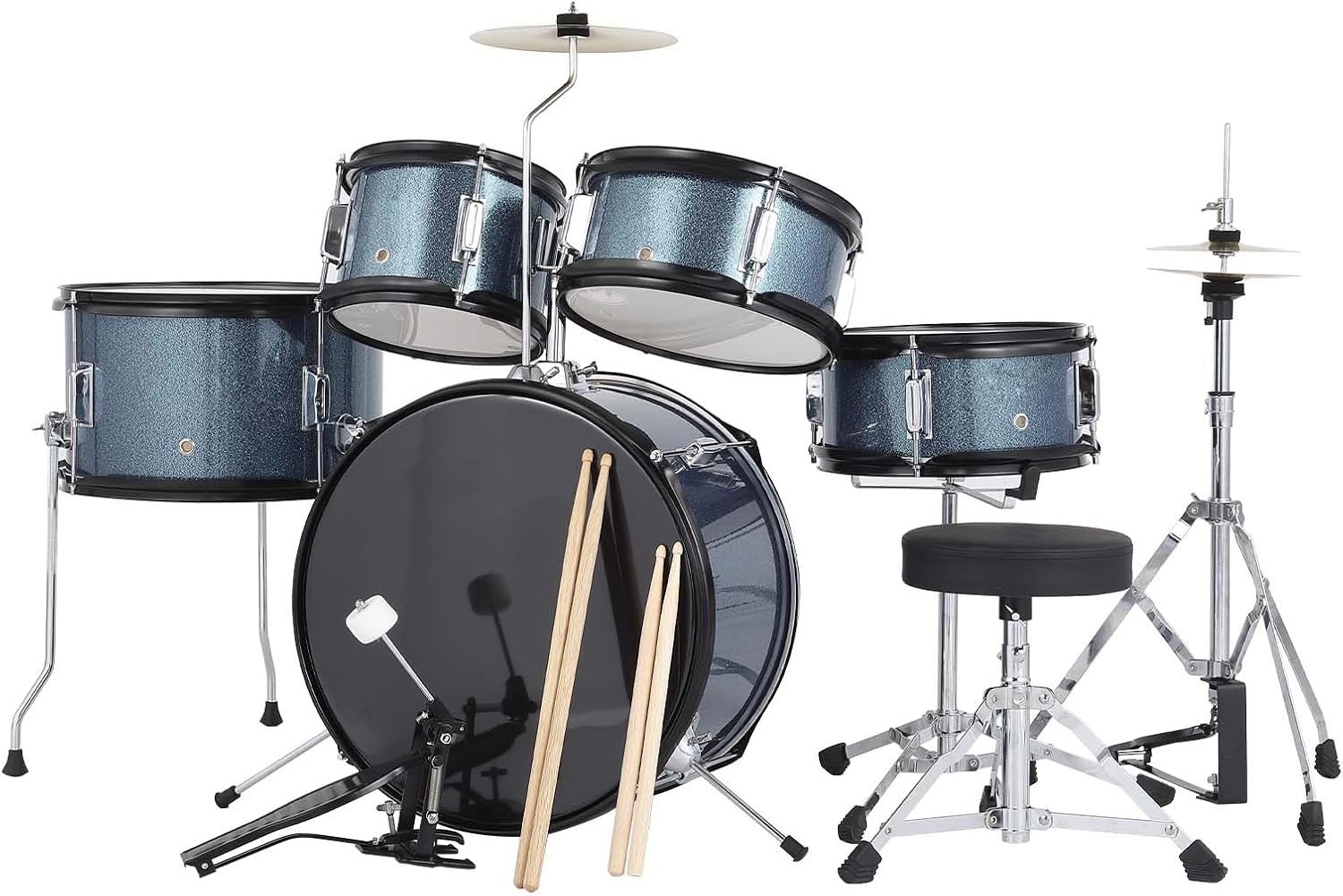 Senfot AD-300 5-Piece Complete Drum Set for Beginners – Includes Bass Drum, Tom-Tom, Snare, Cymbals, Hi-Hat, Sticks, Pedal & Stool (Blue)