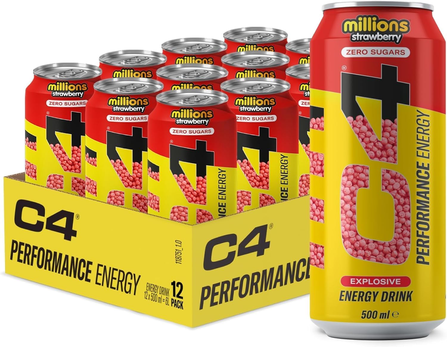 Kandy Collection C4 Performance Energy Drinks, Strawberry Millions Flavour, 500ml, 12 Pack