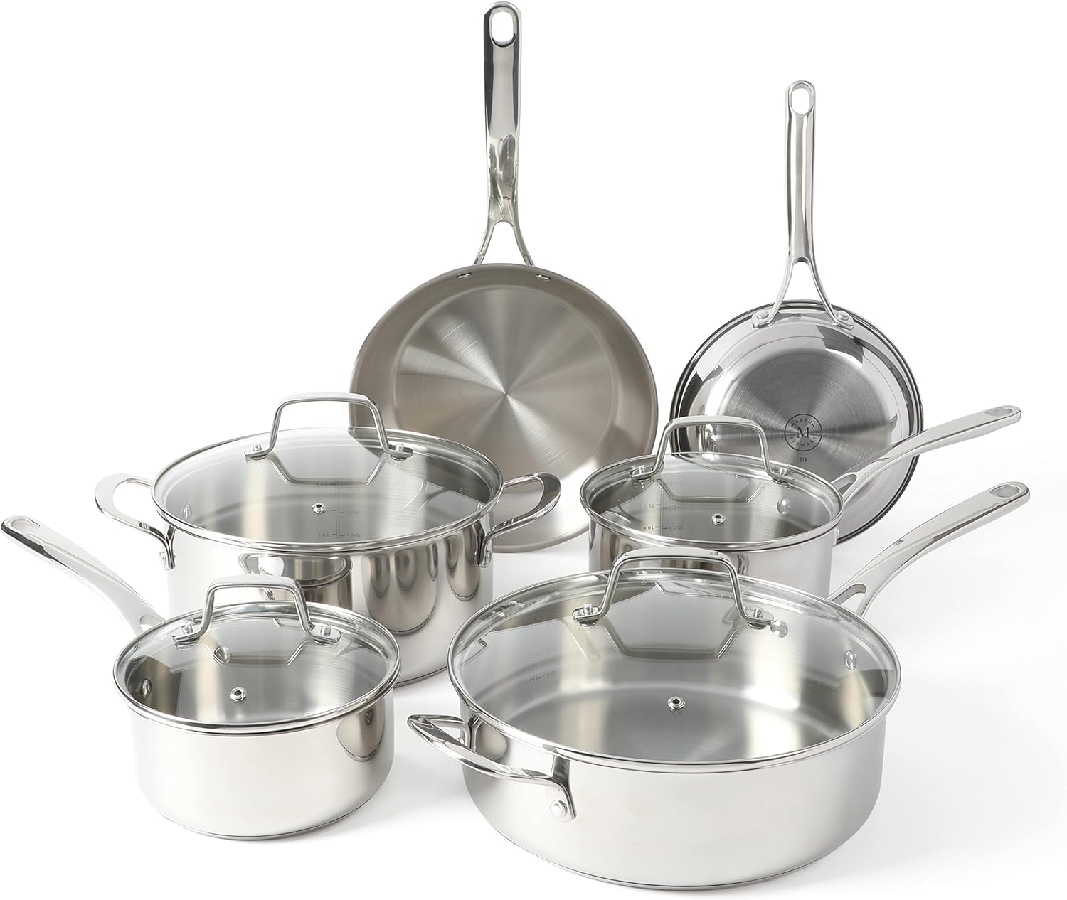 Martha Stewart Castelle 10 Piece 18/8 Stainless Steel Induction Safe Pots and Pans Non-Toxic Triply Bottom Kitchen Cookware Set