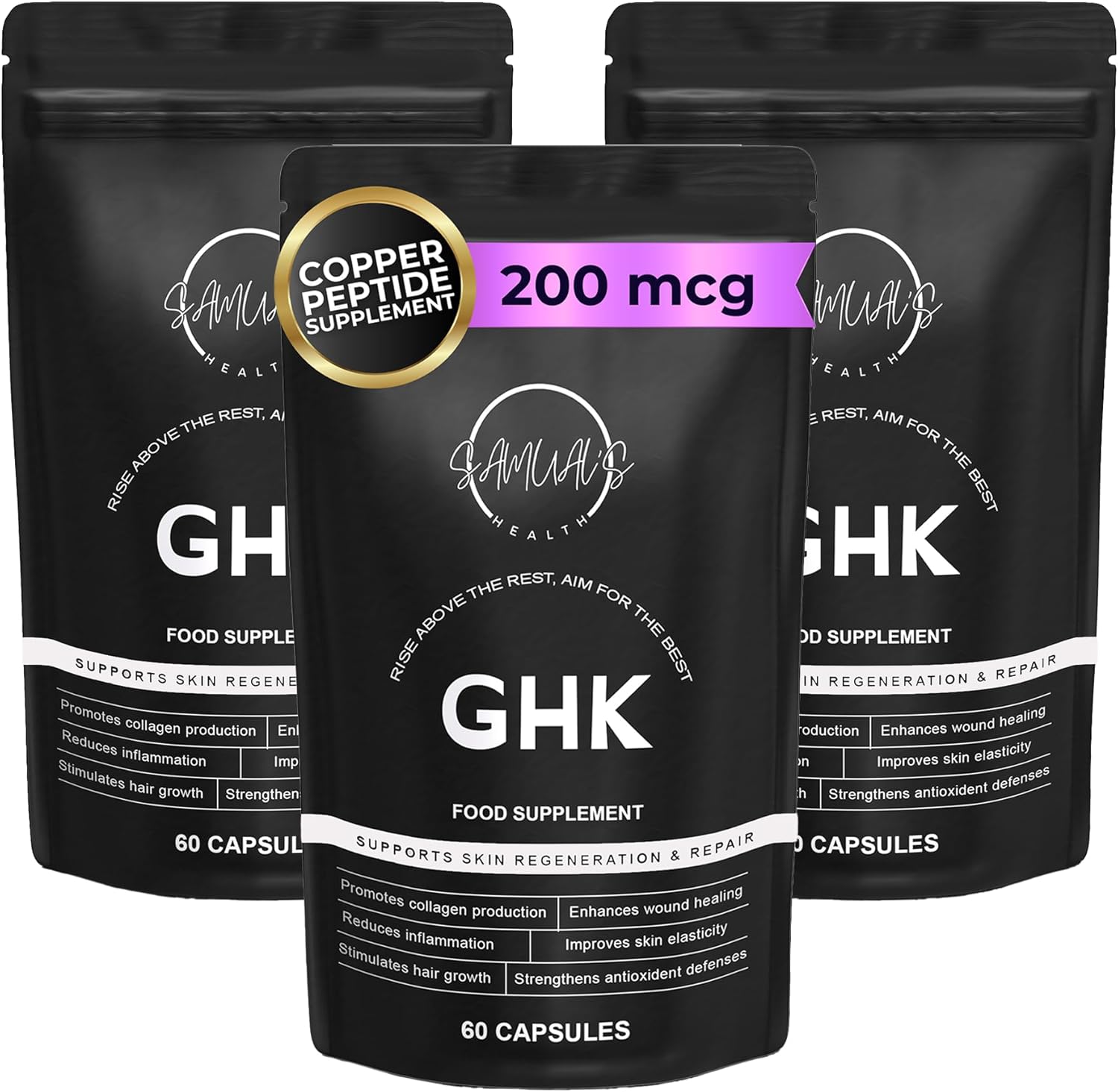 GHK-Cu Peptide Supplement – Copper Peptide Capsules for Hair, Skin & Nails – Cellular Health & Recovery Support – Samuals GHK CU Complex – 60 Capsules (Triple Pack, 200mcg)
