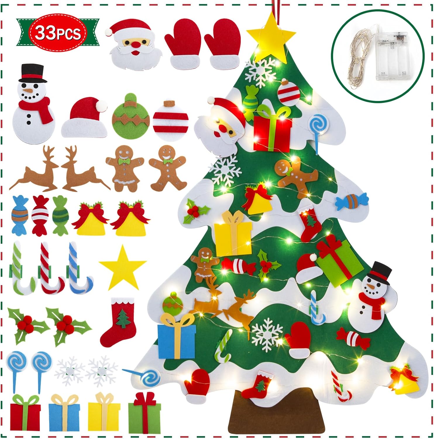 Airensky Felt Christmas Tree Set with String Lights, 3.2ft DIY Christmas Tree Set with 33 Pieces of Removable Christmas Ornament Decoration,for Kids Toddlers Felt Craft Kits for Xmas Gifts,White Edge