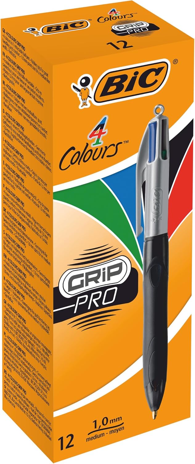 BIC 4 Colours Grip Pro Retractable Medium Point (1.0 mm) Ballpoint Pens, 12 Pens And Each Pen Contains 4 Colours