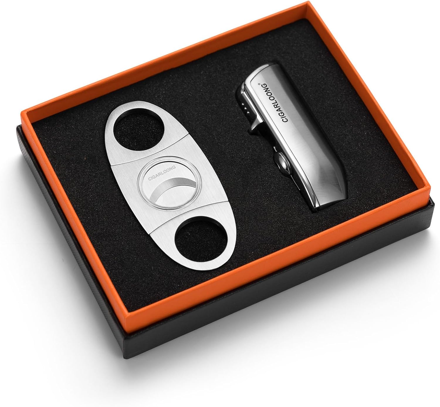 CIGARLOONG Cigar Cutter and Lighter Set Silver Double Blade Simple Cigar Guillotine and 3 Jet Torch Blue Flames Refillable Lighter