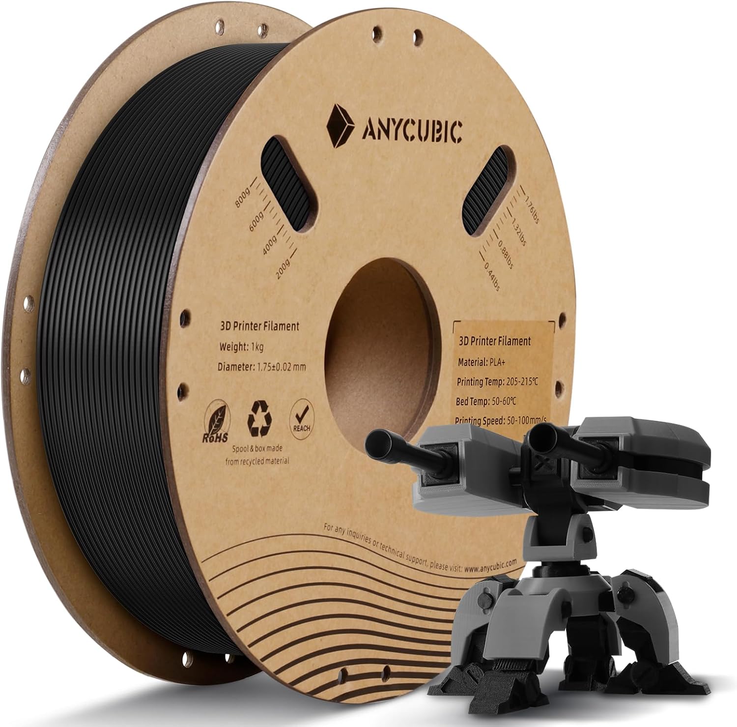 ANYCUBIC PLA+ 3D Printer Filament 1.75mm, High Toughness 3D Printing Filament, Dimensional Accuracy +/- 0.02mm, Print with Most FDM 3D Printers, RFID Sync，1KG Spool, Black