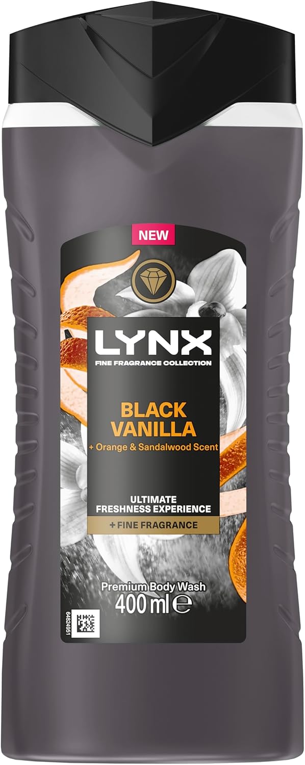 Lynx Fine Fragrance Collection Black Vanilla Premium Body Wash Body Cleanser shower gel with a vanilla, orange & sandalwood scent for 12 hours of freshness 400 ml