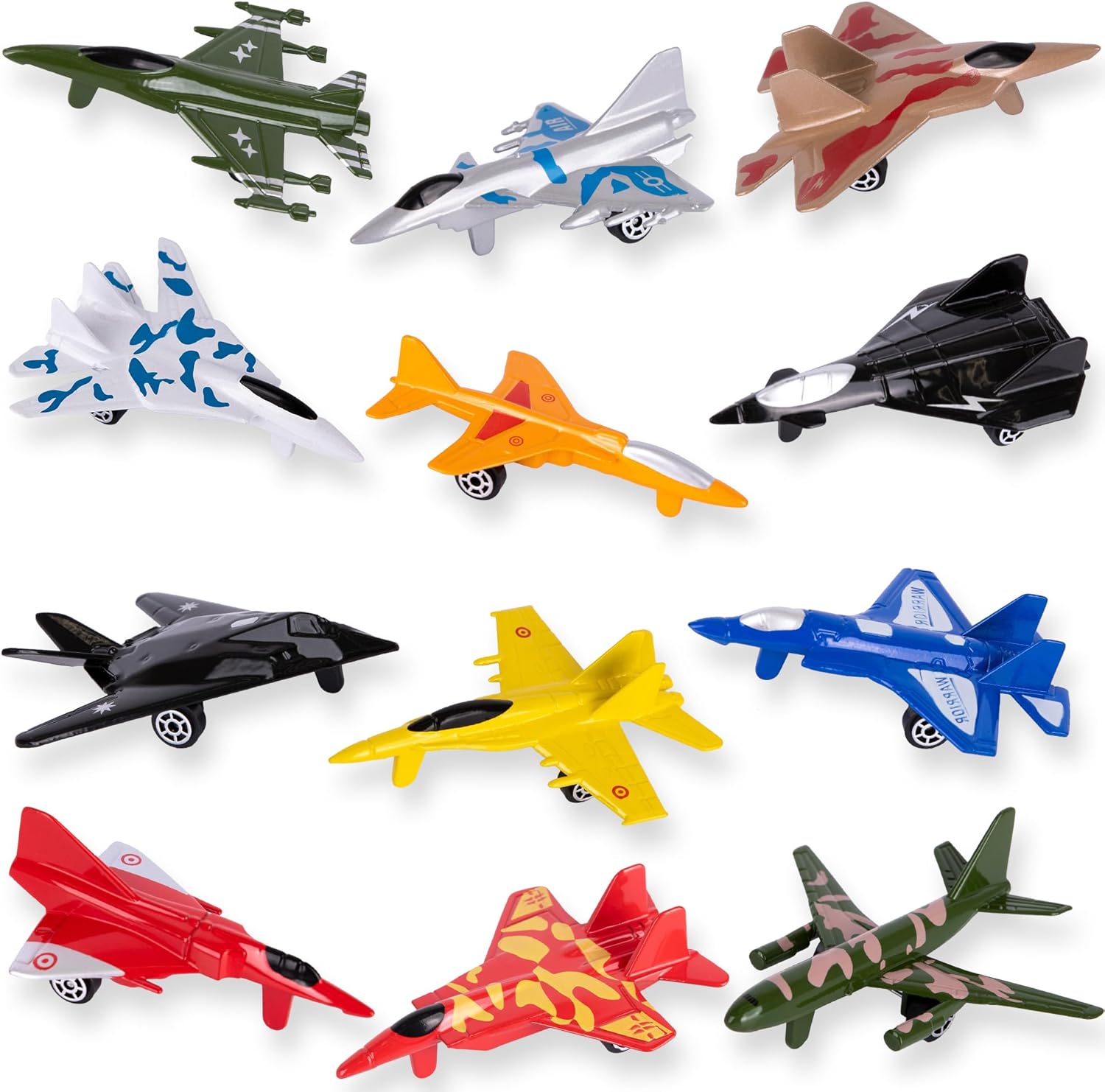 ArtCreativity Diecast Jet Toy Playset, Set of 12, Fighter Jet Toys in Assorted Colors and Designs, Great Birthday Party Favors, Goodie Bag Fillers, Gift Idea for Kids