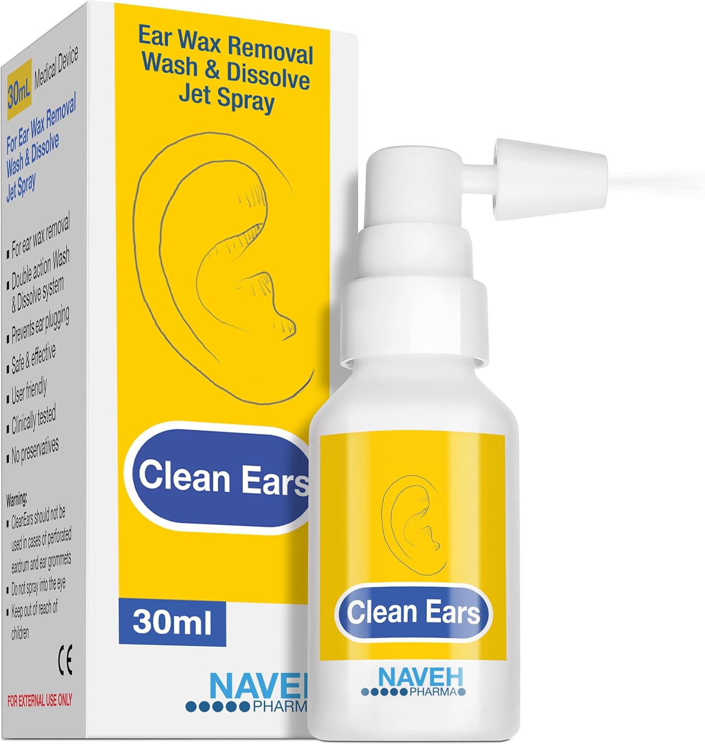 NAVEH PHARMA CleanEars | Fast-Acting Ear Wax Removal Spary | Breaks Down & Dissolves Earwax in Just 1 Treatment | Clinically Proven to Be 300% More Effective W/Mineral Oil | Gentle & Safe | 30ML