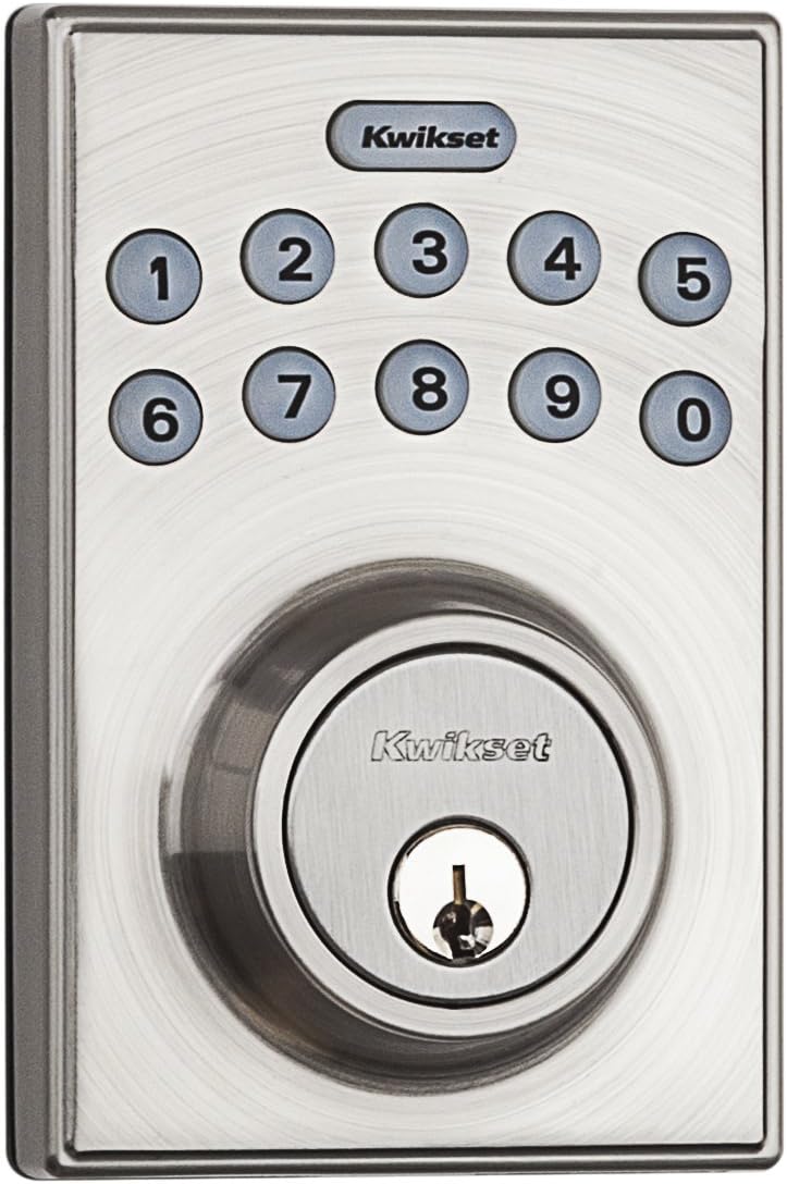 Kwikset 92640-001 Contemporary Electronic Keypad Single Cylinder Deadbolt with 1-Touch Motorized Locking, Satin Nickel