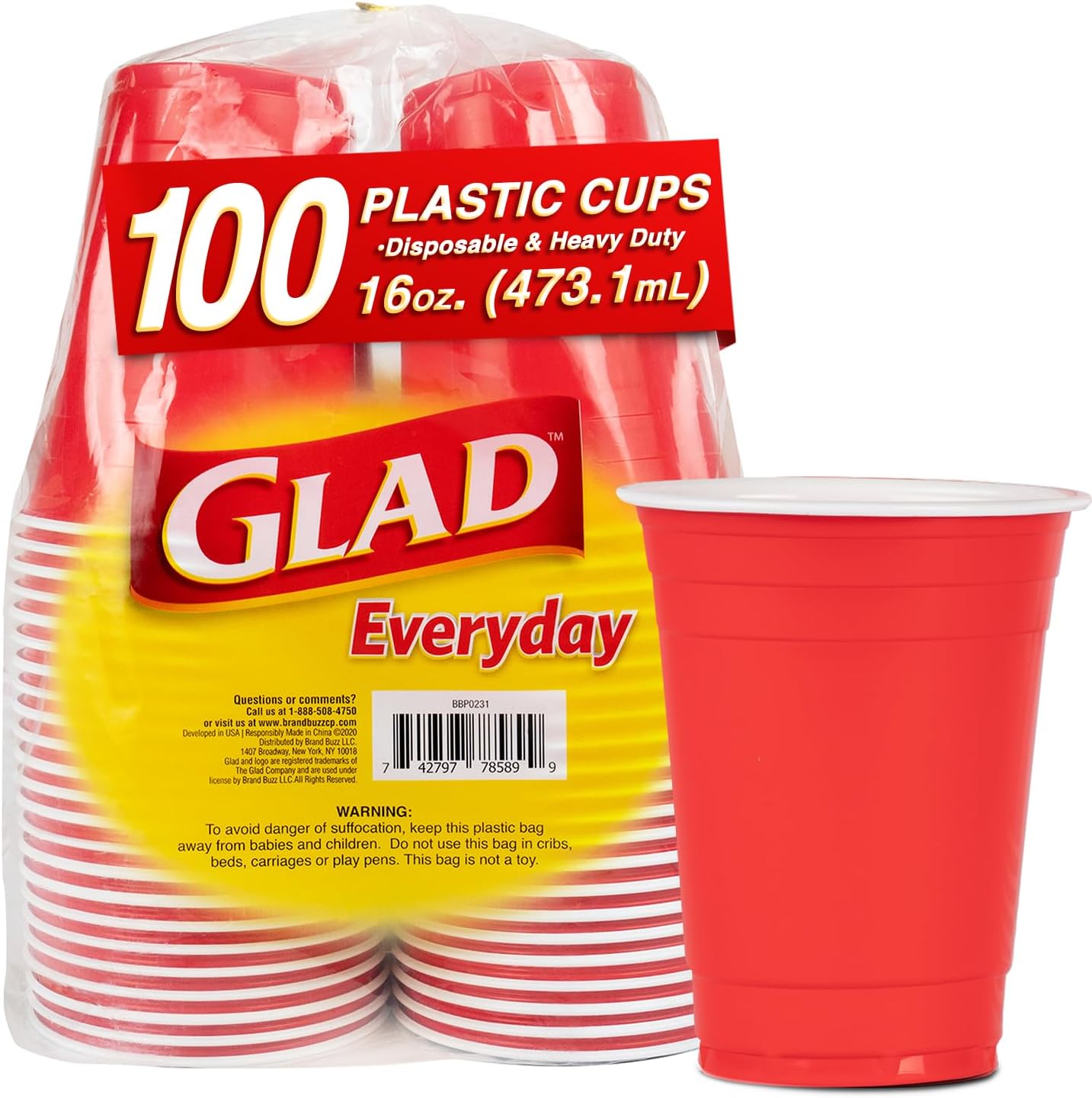 Glad Everyday Disposable Plastic Cups - Red Plastic Party Cups for All Occasions - Strong Plastic Drinking Cups for Parties, Holiday, Graduation, and Thanksgiving - 16oz 100 Pack Heavy Duty Solo Cups