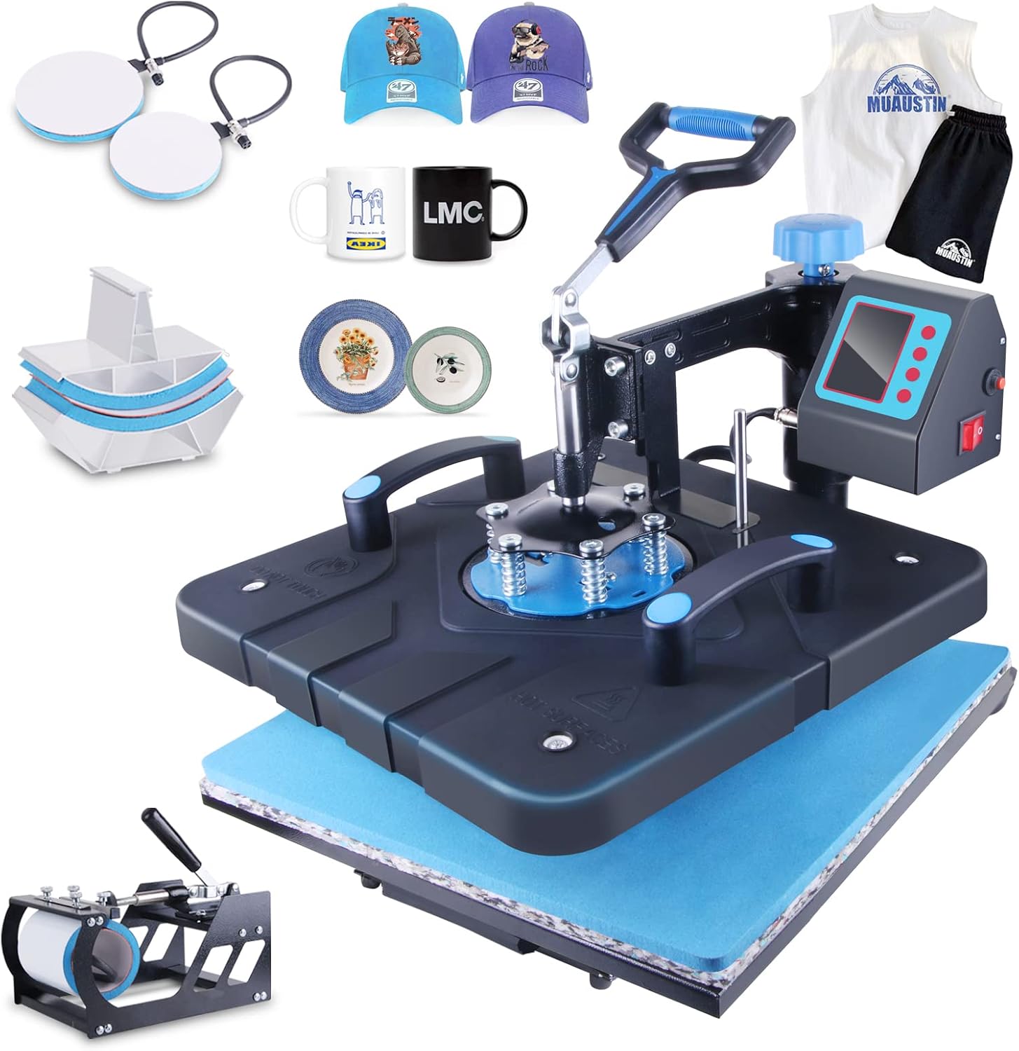 HORGELU Upgraded 5 in 1 Heat Press Machine 15x15 Inch Heat Transfer Machine 360-Degree Swing Away Multifunction Digital Sublimation Combo Heat Press for T Shirt Mug Hat Plate for Commercial Home 110V