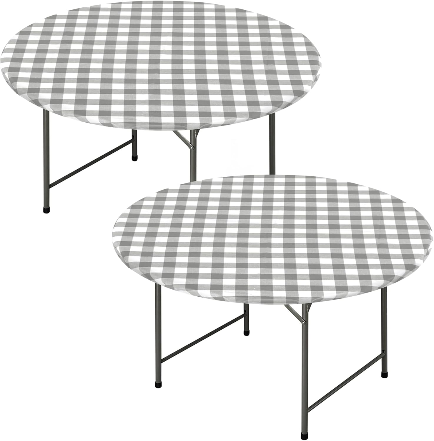 Fitable Buffalo Plaid Round Elastic Table Cover - 2 Pack Waterproof Vinyl Tablecloth Flannel Backed Wipeable Table Cloth for Outdoor Picnic Dining, Silver and White (Fit for 36"-44" Round Tables)